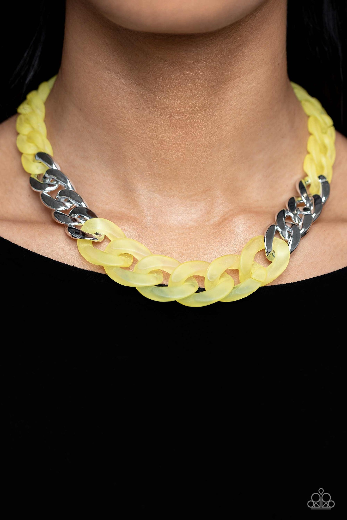 Paparazzi Accessories Curb Your Enthusiasm - Yellow Brushed in a vibrant Empire Yellow finish, a strand of acrylic curb chain combines with links of a silver curb chain to dramatically drape across the chest for a whimsical yet bold look. Features an adju
