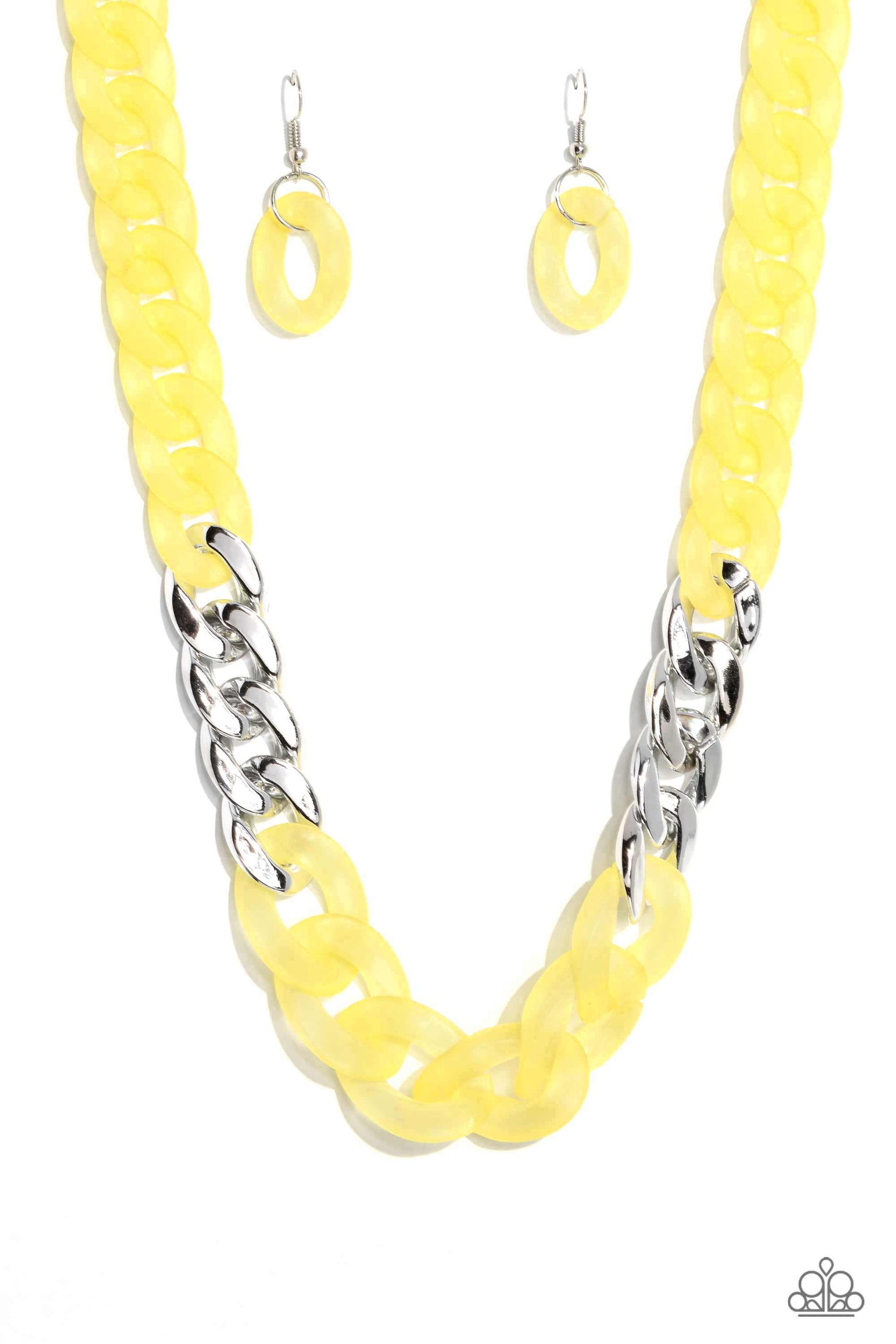 Paparazzi Accessories Curb Your Enthusiasm - Yellow Brushed in a vibrant Empire Yellow finish, a strand of acrylic curb chain combines with links of a silver curb chain to dramatically drape across the chest for a whimsical yet bold look. Features an adju