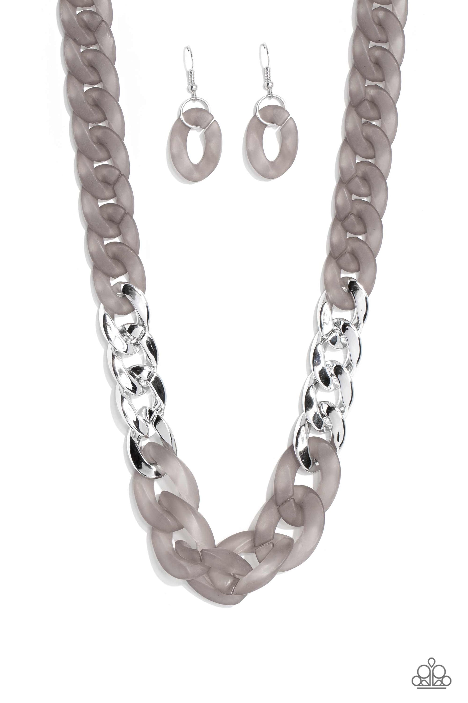 Paparazzi Accessories Curb Your Enthusiasm - Silver Brushed in a Poppyseed finish, a strand of acrylic curb chain combines with links of a silver curb chain to dramatically drape across the chest for a whimsical yet bold look. Features an adjustable clasp