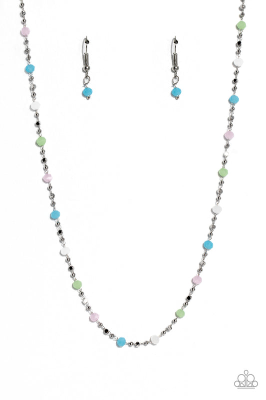 Paparazzi Accessories Summer Sunrise - Multi Infused on a dainty silver chain, faceted beads in shades of blue, pink, green, and white alternate with dainty silver beads and square beads for a refreshing, simple statement. Features an adjustable clasp clo