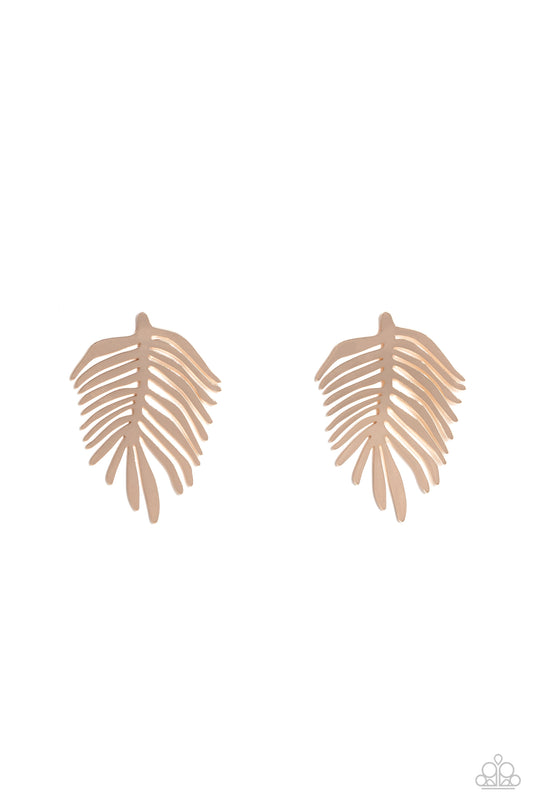 Paparazzi Accessories The FROND Row - Gold Reflecting light off its high-sheen frames, dainty gold bars link into a dancing palm leaf for a simple beachy statement. Earring attaches to a standard post fitting. Sold as one pair of post earrings. Jewelry