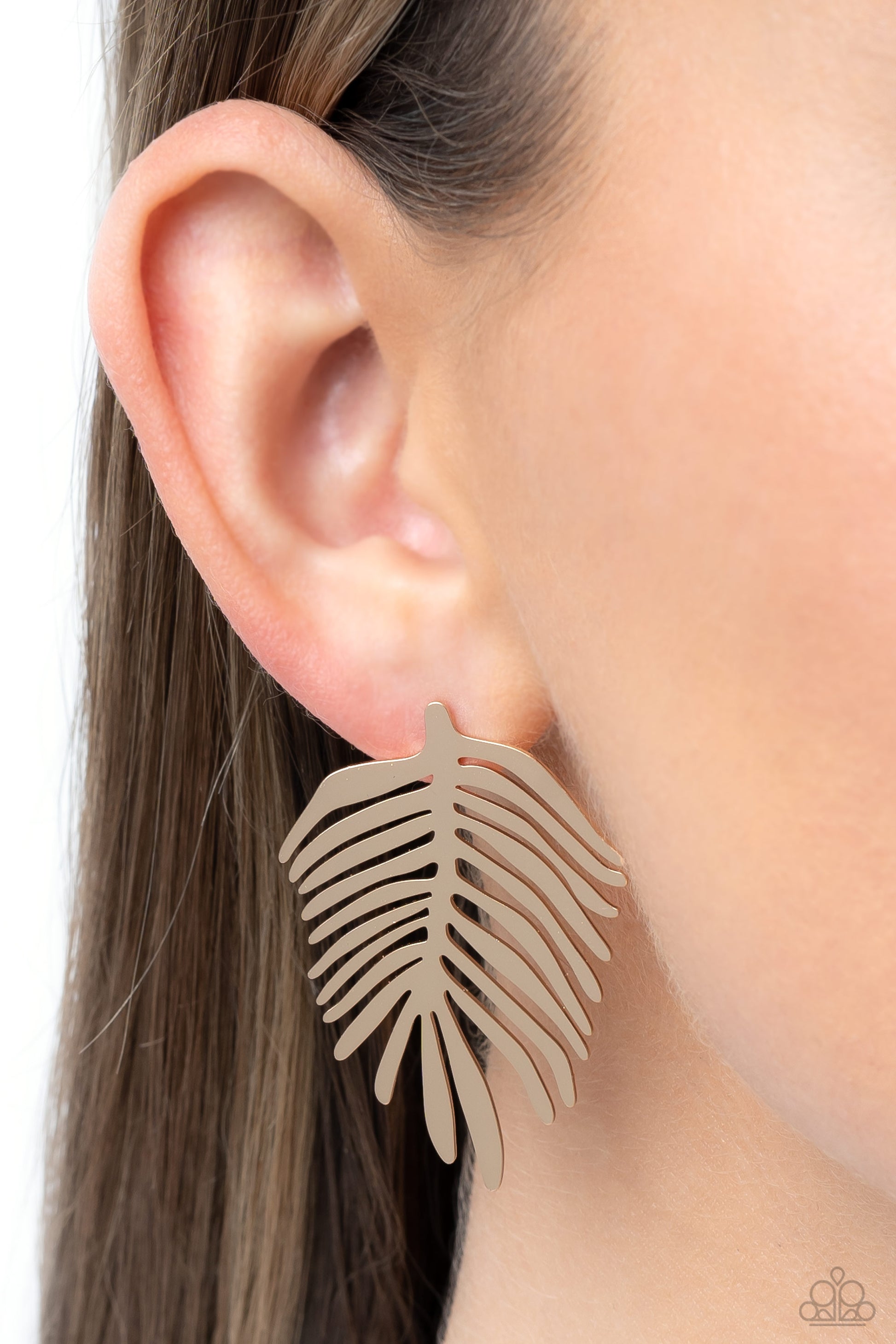 Paparazzi Accessories The FROND Row - Gold Reflecting light off its high-sheen frames, dainty gold bars link into a dancing palm leaf for a simple beachy statement. Earring attaches to a standard post fitting. Sold as one pair of post earrings. Jewelry