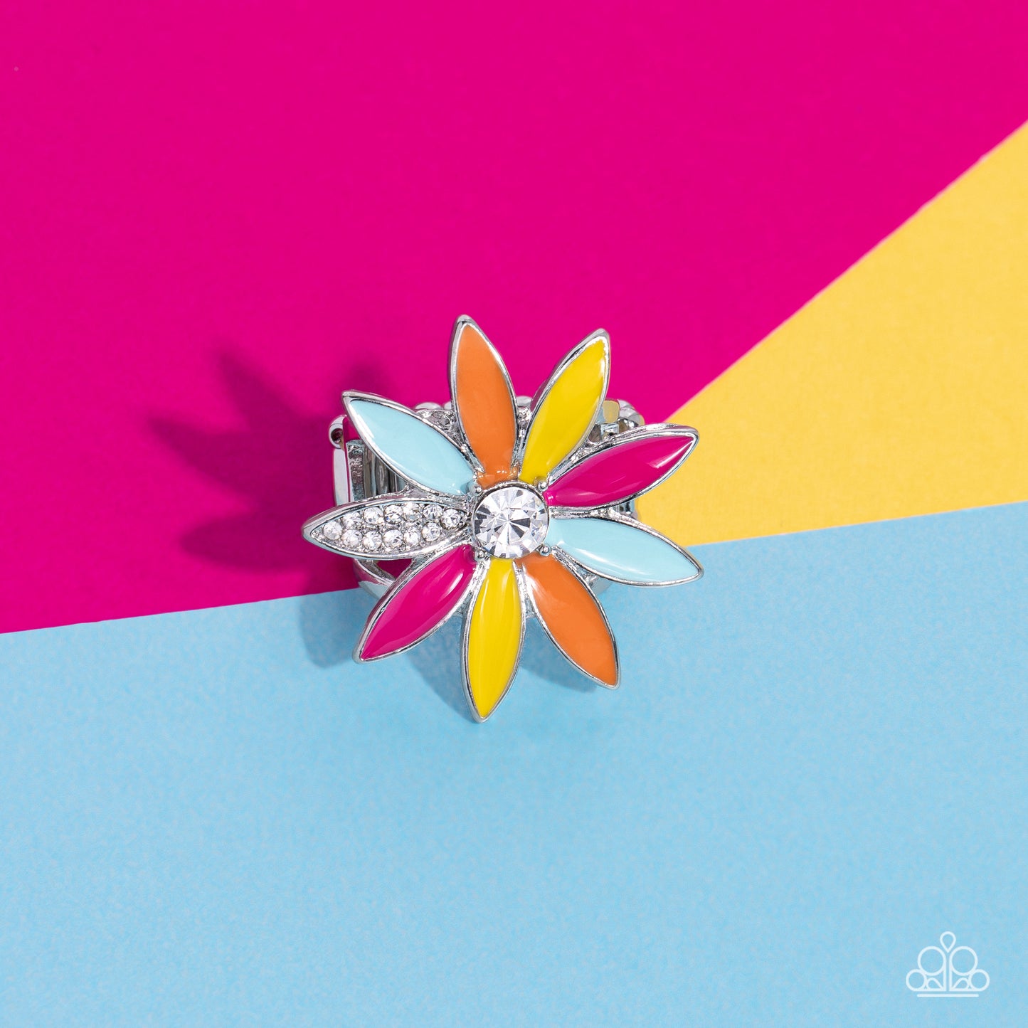 Paparazzi Accessories Lily Lei - Multi Featuring Pink Peacock, Samoan Sun, Orange Tiger and Waterspout elongated marquise petals, an oversized glittery colorful flower, with a white gem center, blooms atop an airy silver band. Dainty white rhinestones dot