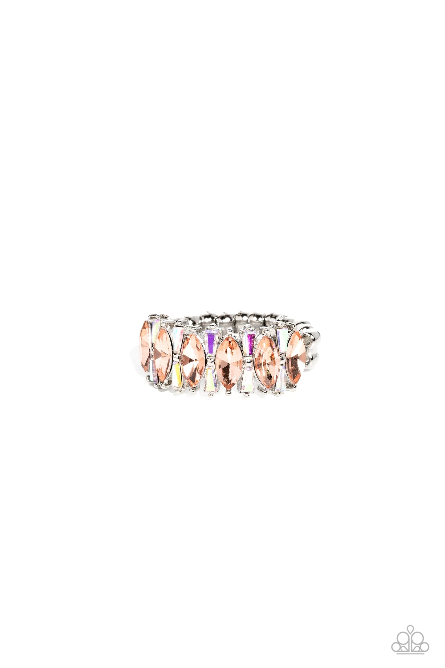 Paparazzi Accessories Kaleidoscopic Knockout - Orange A row of glassy orange marquise-cut rhinestones, encased in dainty silver-pronged fittings, alternate with dainty silver-pronged iridescent rhinestone bars as they connect across the finger, creating a
