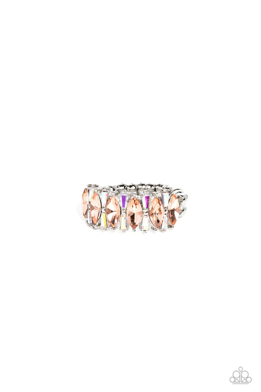 Paparazzi Accessories Kaleidoscopic Knockout - Orange A row of glassy orange marquise-cut rhinestones, encased in dainty silver-pronged fittings, alternate with dainty silver-pronged iridescent rhinestone bars as they connect across the finger, creating a