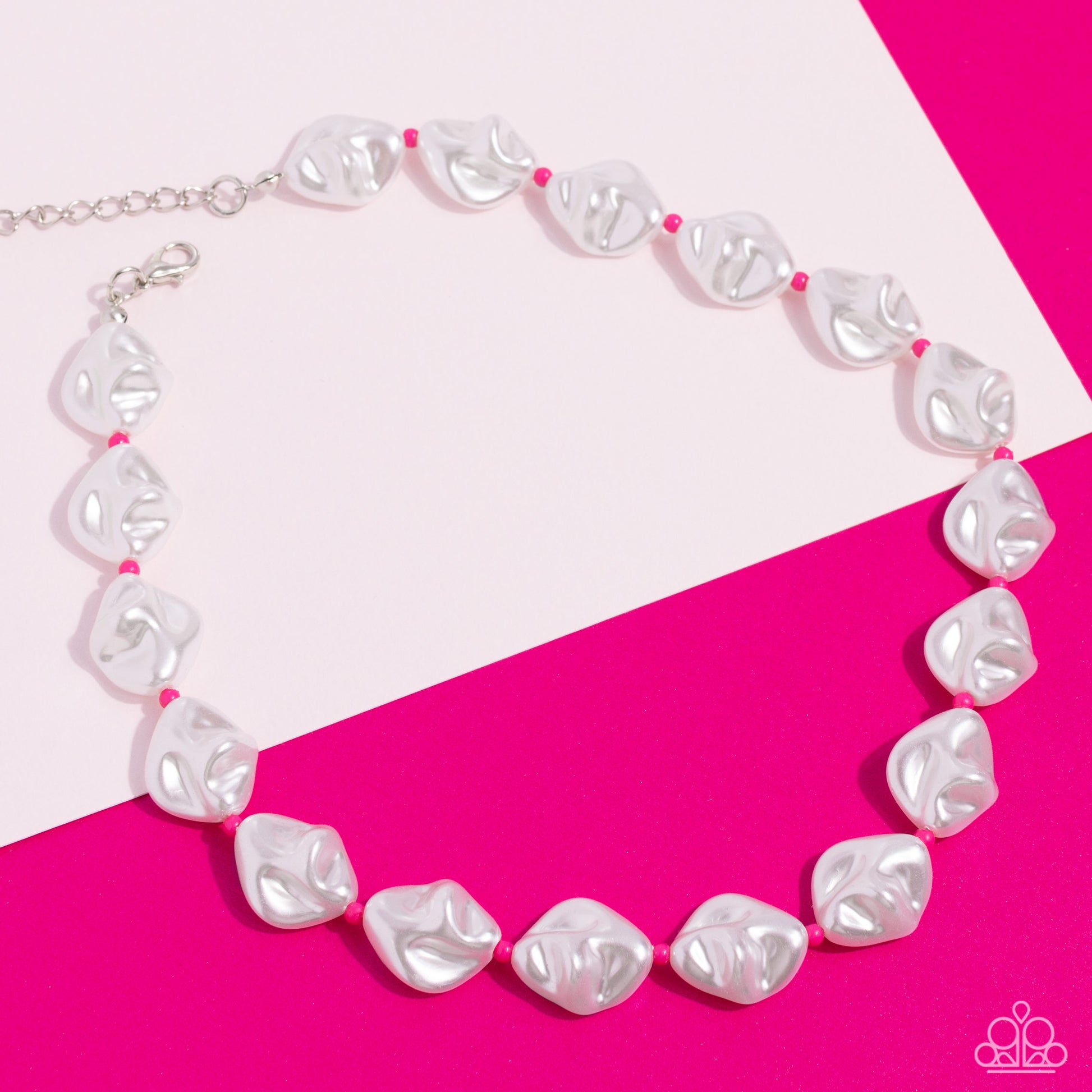 Paparazzi Accessories SHORE Enough - Pink Rippling in texture, baroque white pearls alternate with Pink Peacock seed beads around the collar for a beachy statement. Features an adjustable clasp closure. Sold as one individual choker necklace. Includes one