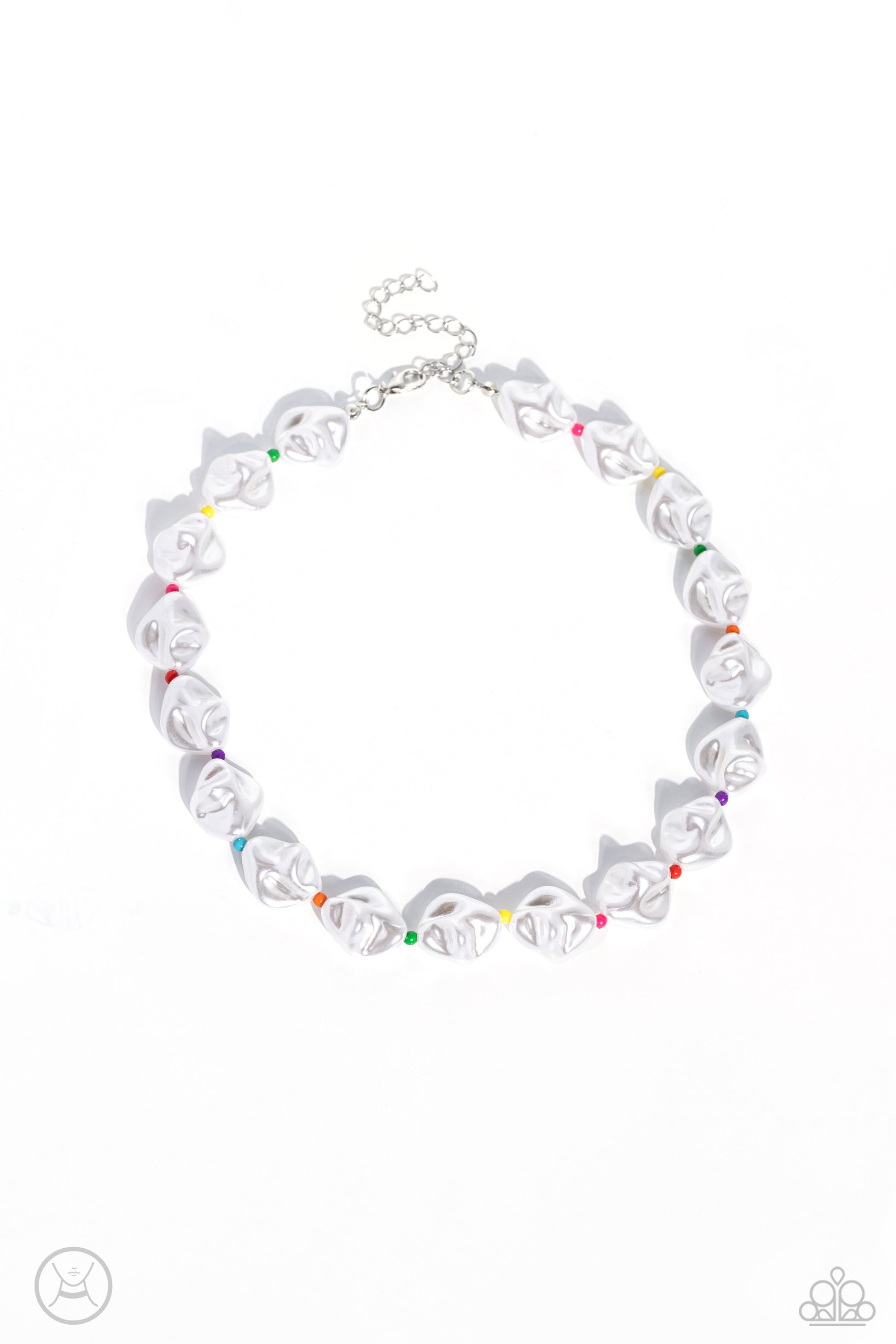 Paparazzi Accessories SHORE Enough - Multi Rippling in texture, baroque white pearls alternate with Pink Peacock, Empire Yellow, green, orange, blue, purple, and red seed beads around the collar for a beachy statement. Features an adjustable clasp closure