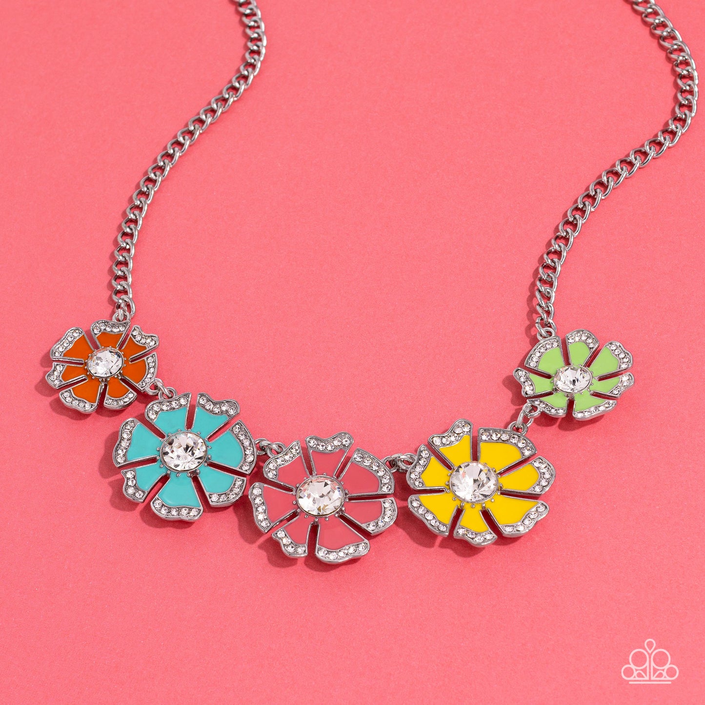Paparazzi Accessories Playful Posies - Multi Dotted with dainty white rhinestone petal edges and white gem centers, a vibrant assortment of Burnt Coral, Samoan Sun, Orange Tiger, apple green, and tiffany blue flowers link below the collar for a playful po