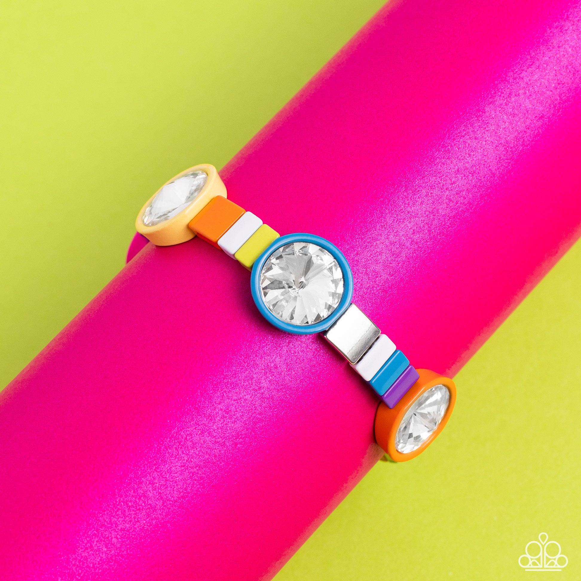 Paparazzi Accessories Multicolored Madness - Multi Strung along elastic stretchy bands, a bodacious collection of silver accents, and varying metallic accents dipped in multicolored shades encircle the wrist. Sporadically infused between the colorful disp