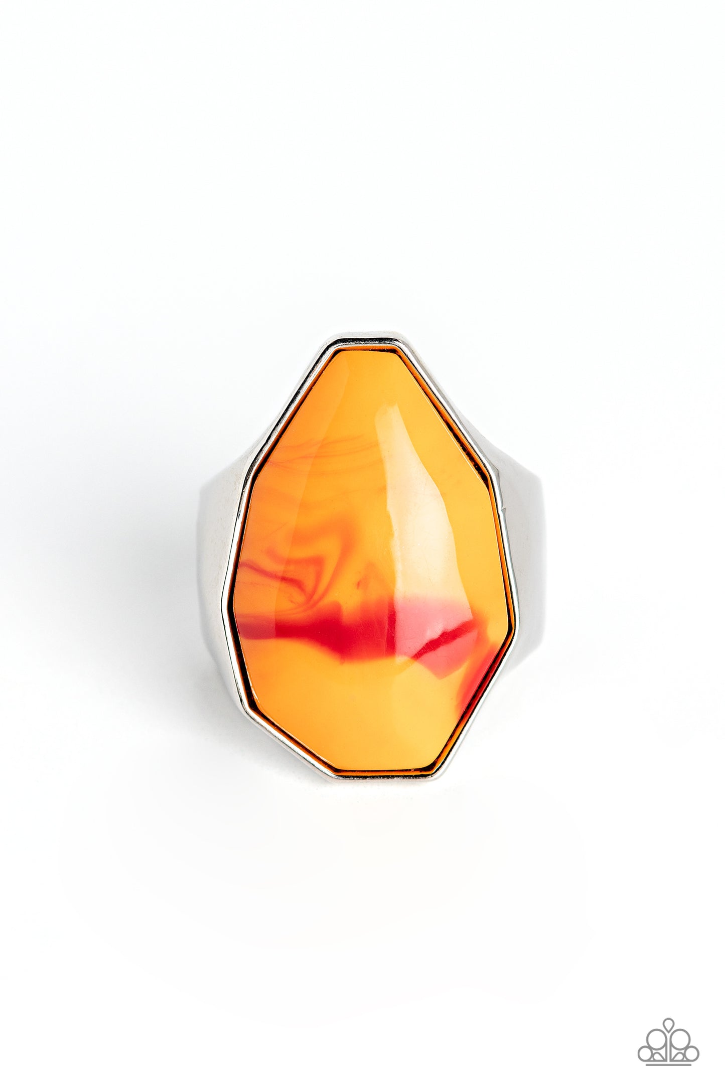 Paparazzi Accessories Never Say TIE DYE - Orange Featuring a glossy finish, an asymmetrical orange acrylic bead, patterned with accents of darker orange, is pressed into a sleek silver frame for an attention-grabbing pop of youthful color atop the finger.