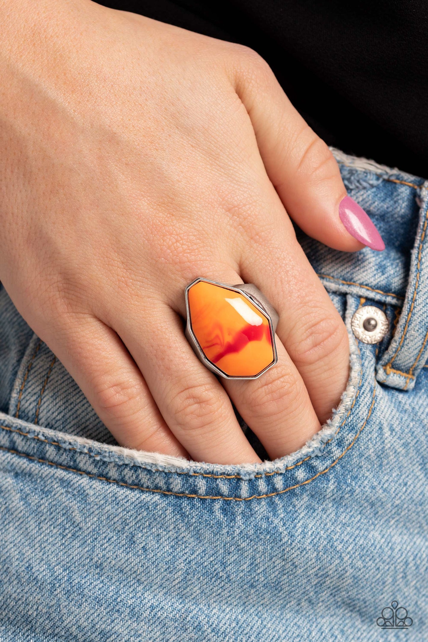 Paparazzi Accessories Never Say TIE DYE - Orange Featuring a glossy finish, an asymmetrical orange acrylic bead, patterned with accents of darker orange, is pressed into a sleek silver frame for an attention-grabbing pop of youthful color atop the finger.