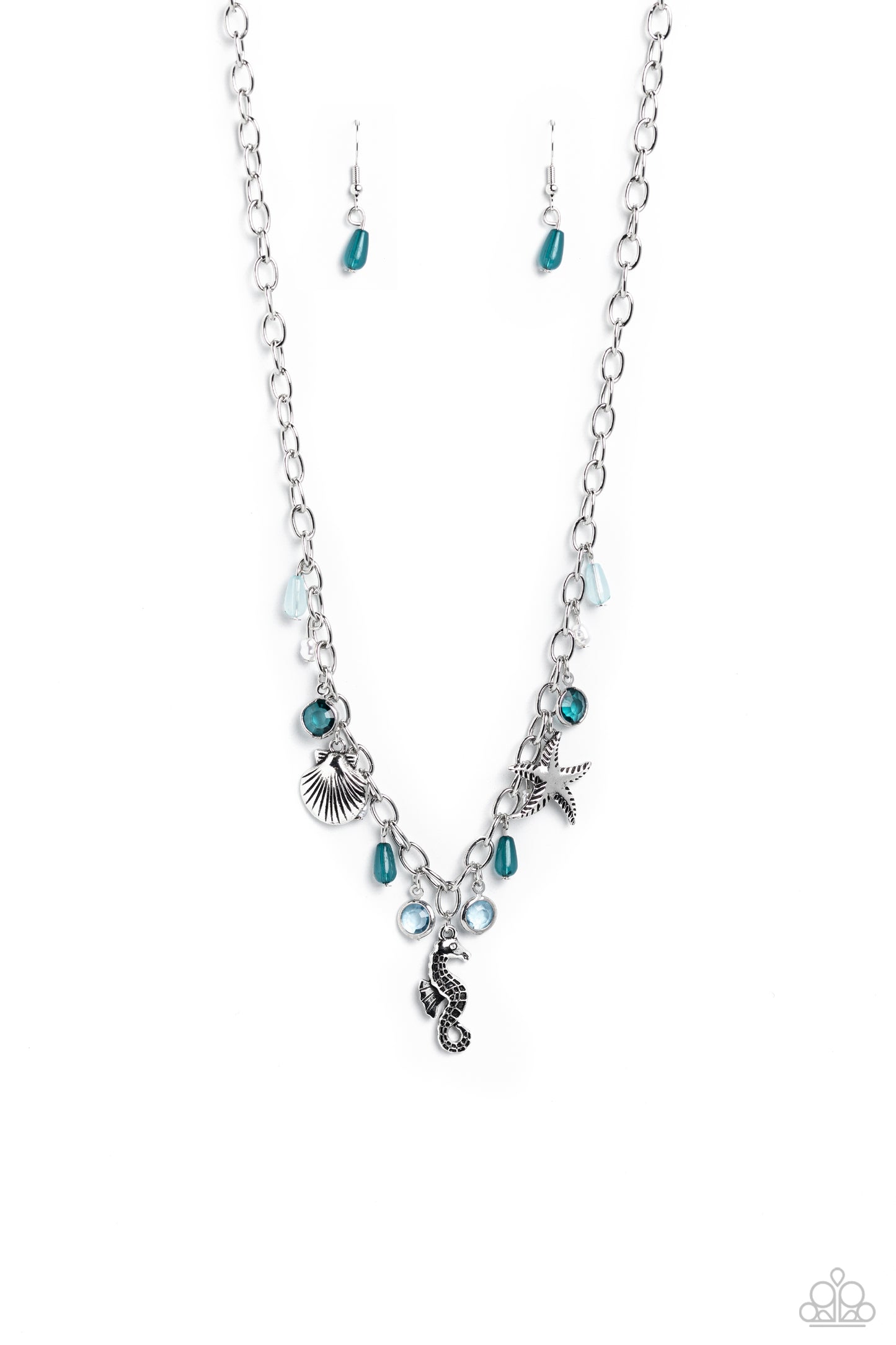 Paparazzi Accessories Seahorse Season - Blue Dainty baroque pearls, clear Harbor Blue and Waterspout faceted beads in silver frames, intricate silver seahorse, starfish, and sea scallop seashell charms, and milky Harbor Blue and Waterspout teardrop beads