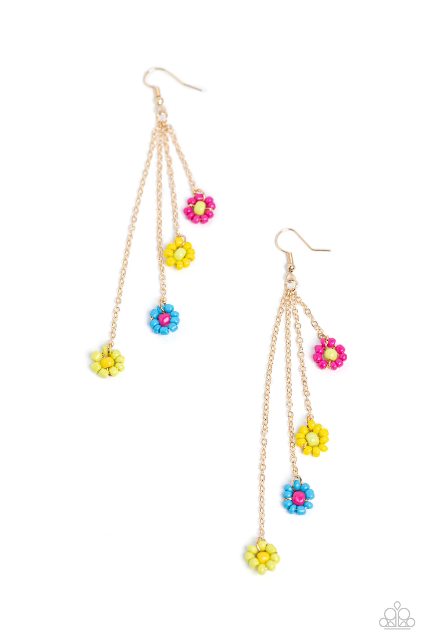 Paparazzi Accessories Color Me Whimsical - Multi Dainty Pink Peacock, Empire Yellow, blue, and Love Bird seed bead flowers with similarly colored centers, trickle from the bottom of a dainty gold hoop to create a curtain of glittery gold chain tassels inf
