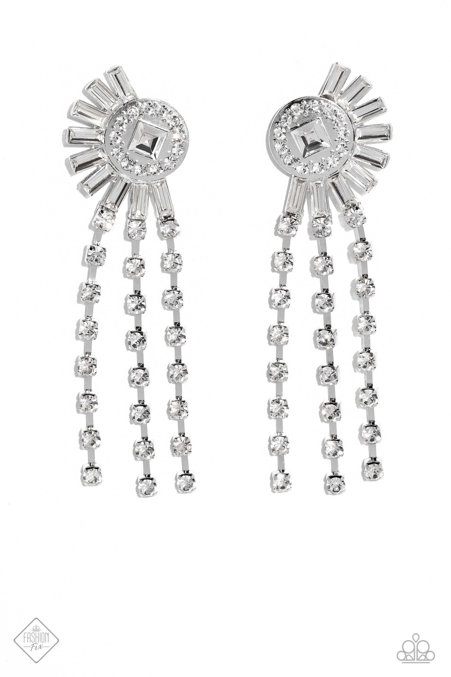 Paparazzi Accessories Torrential Twinkle - White Encased in square silver fittings, three strands of dainty, glistening, white gems cascade from a blindingly ornate circular frame. Emerald-cut white gems explode from the rhinestone-dusted frame for additi