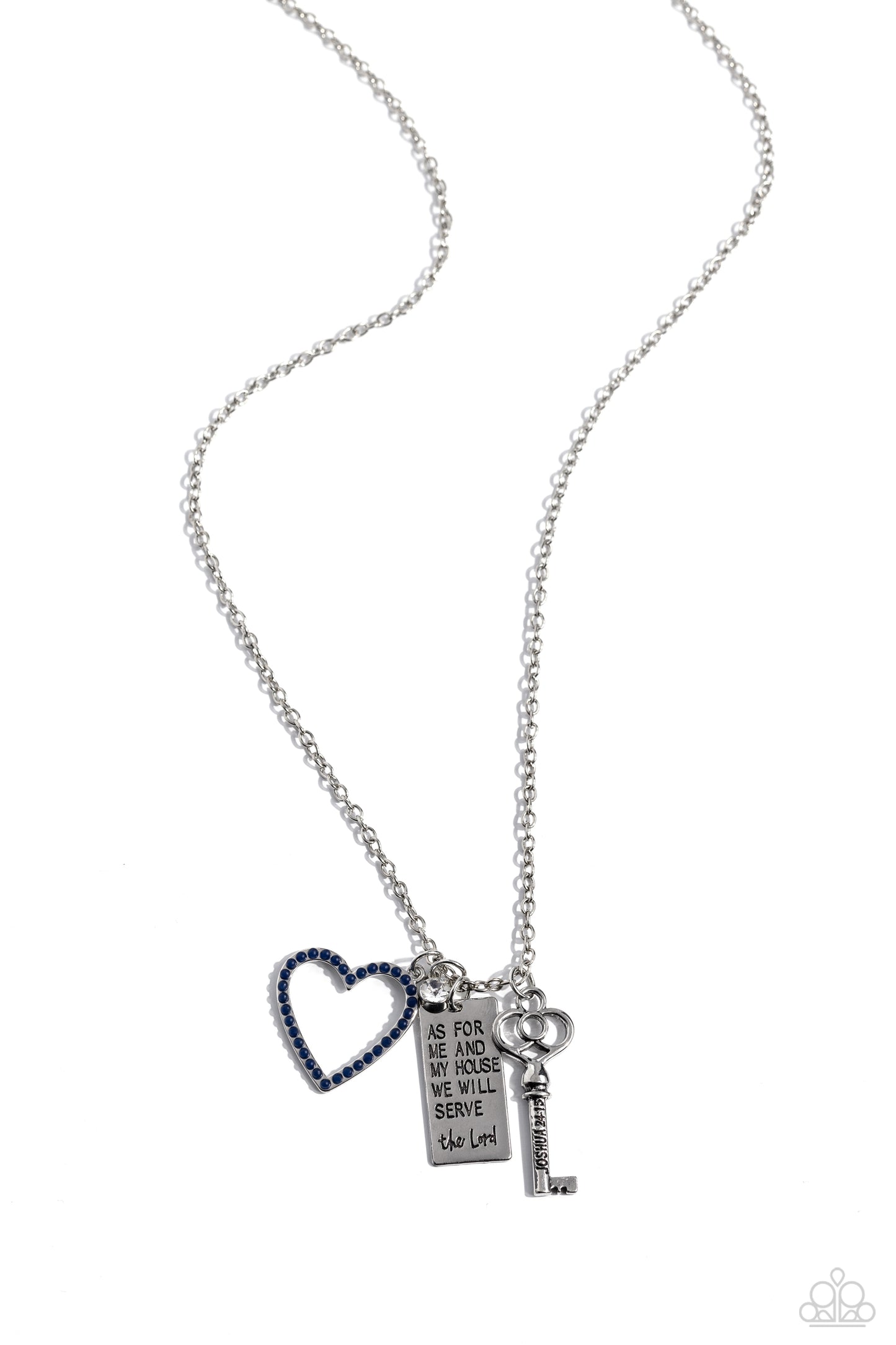Paparazzi Accessories Indulgent Belief - Blue Dotted in dainty navy beads, an airy heart frame joins a silver rectangle stamped in the biblical passage, "As for me and my house we will serve the Lord," a dainty white gem, and an intricate silver key stamp