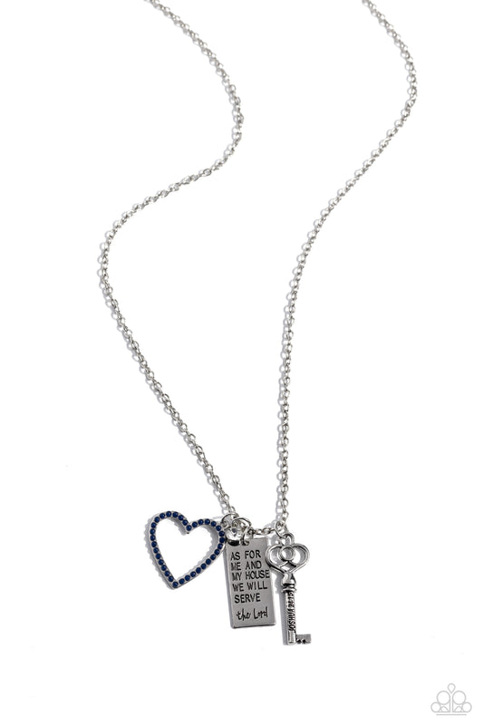 Paparazzi Accessories Indulgent Belief - Blue Dotted in dainty navy beads, an airy heart frame joins a silver rectangle stamped in the biblical passage, "As for me and my house we will serve the Lord," a dainty white gem, and an intricate silver key stamp