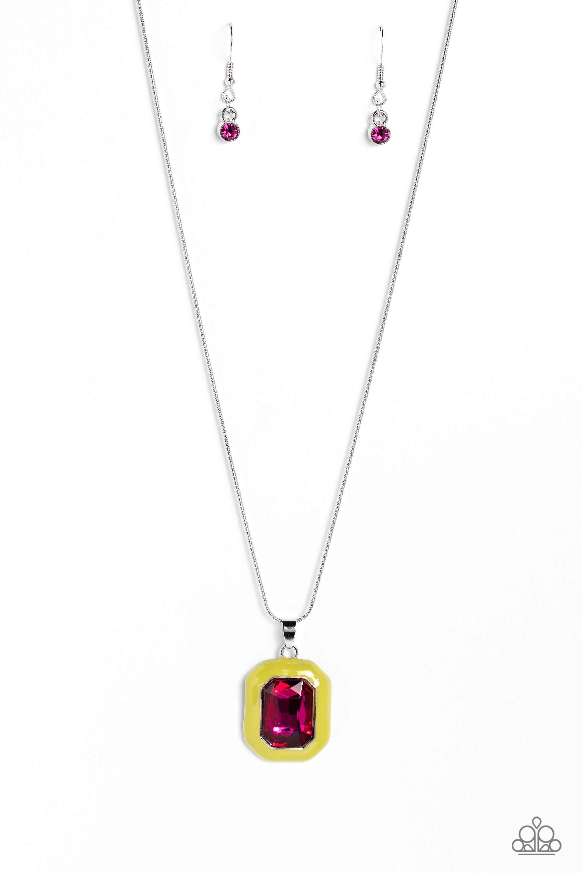 Paparazzi Accessories Emerald Energy - Multi An oversized, fuchsia emerald-cut gem is bordered by a frame of neon Love Bird, creating a bright pendant that swings from the bottom of a silver snake chain. Features an adjustable clasp closure. Sold as one i