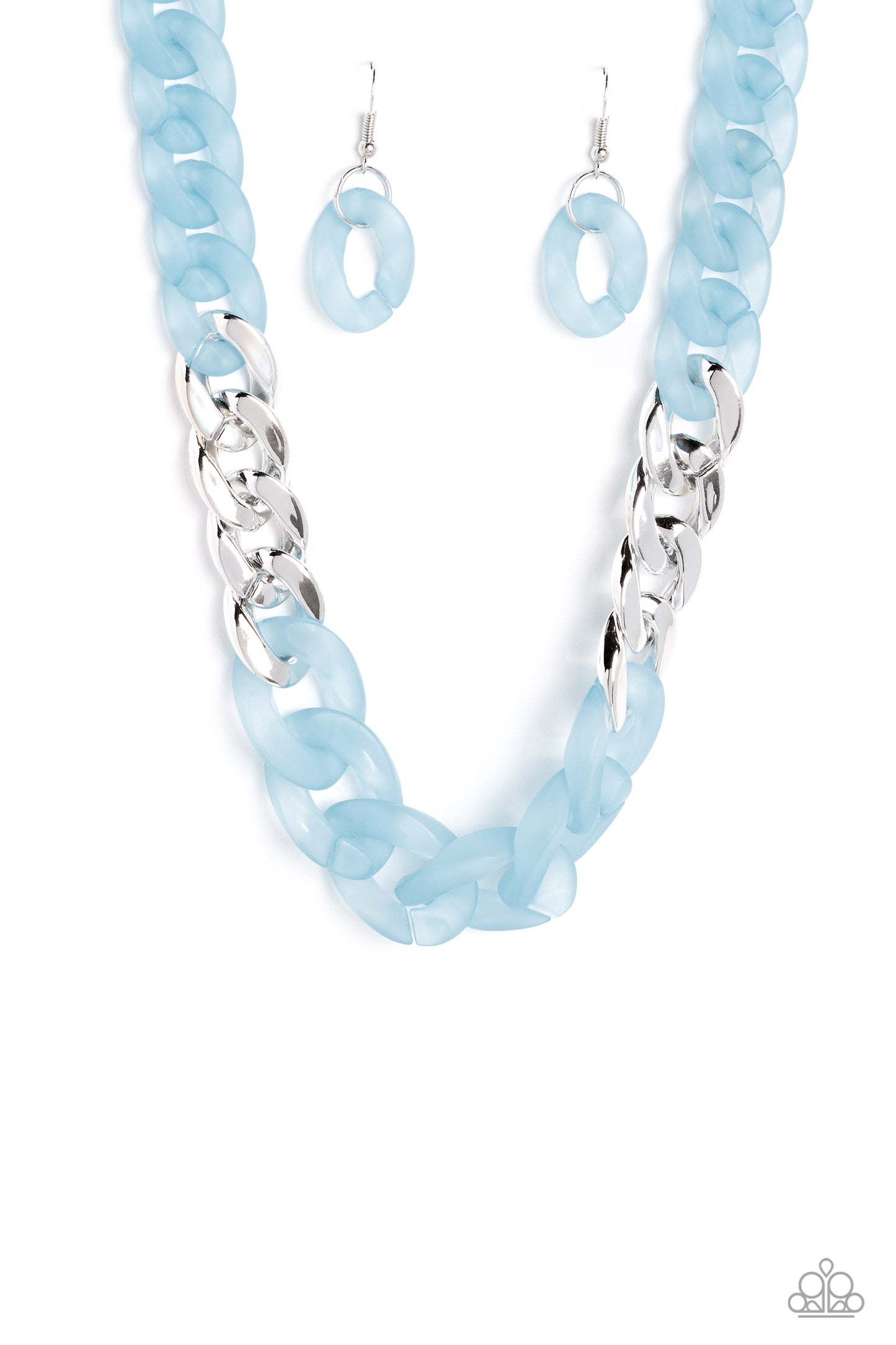 Paparazzi Accessories Curb Your Enthusiasm - Blue Brushed in a dreamy Summer Song finish, a strand of acrylic curb chain combines with links of a silver curb chain to dramatically drape across the chest for a whimsical yet bold look. Features an adjustabl