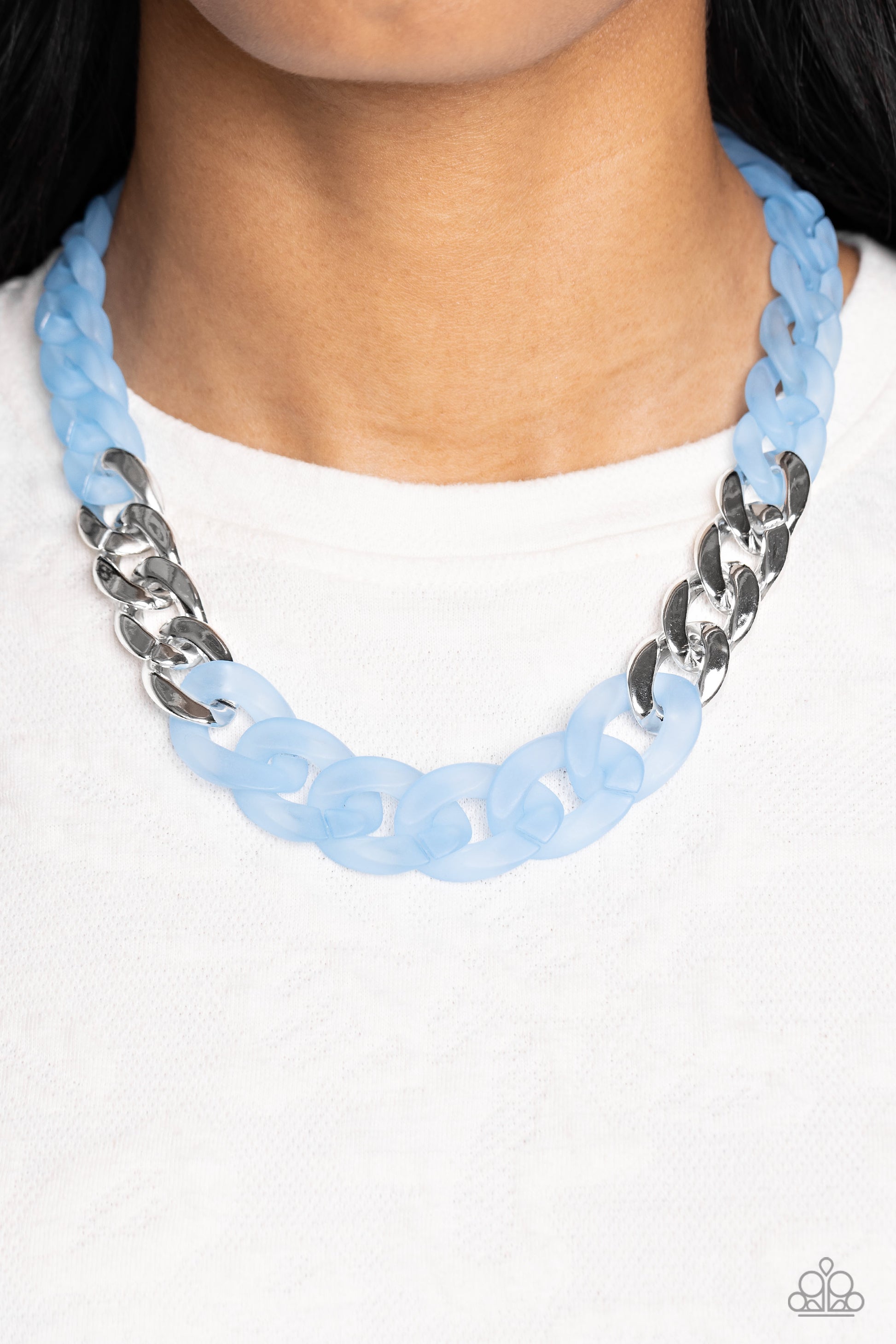 Paparazzi Accessories Curb Your Enthusiasm - Blue Brushed in a dreamy Summer Song finish, a strand of acrylic curb chain combines with links of a silver curb chain to dramatically drape across the chest for a whimsical yet bold look. Features an adjustabl