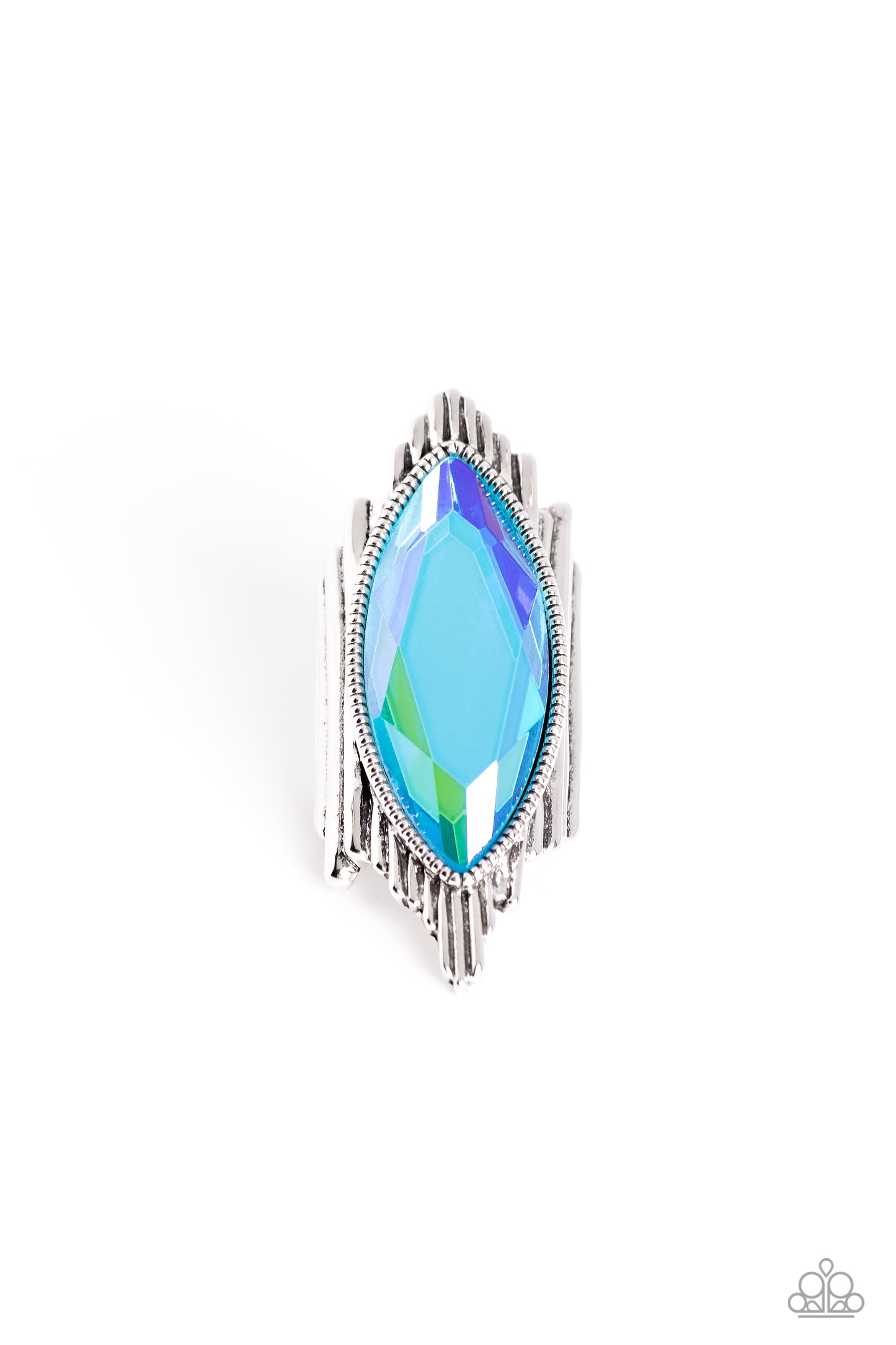 Paparazzi Accessories Stunning Showman - Green Wavy silver bars asymmetrically stack and elongate into an uneven band across the finger, resulting in an edgy fashion. Pressed in a studded silver frame and centered across the asymmetrical stack, an oversiz