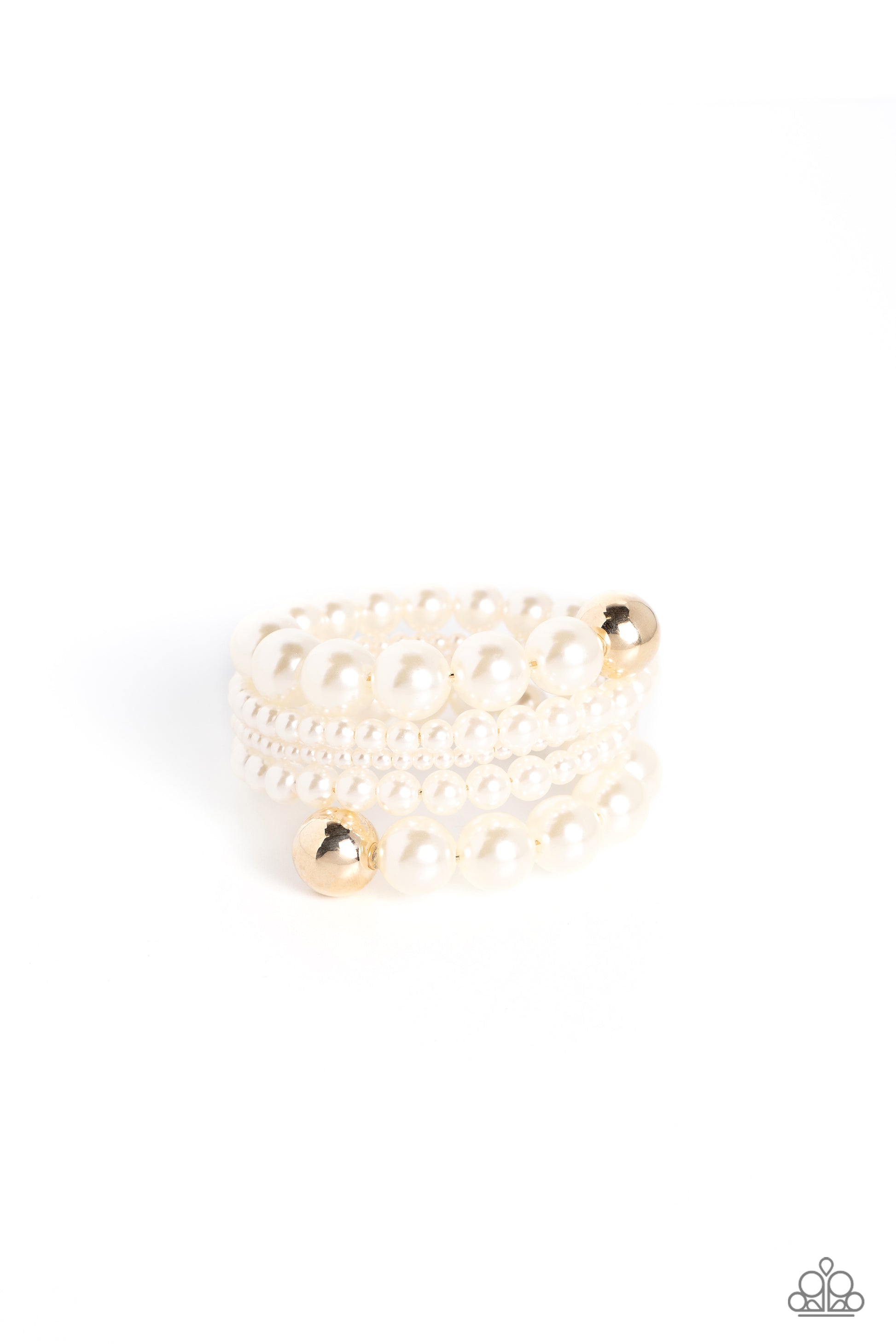 Paparazzi Accessories Pleasing Pirouette - Gold Varying sizes of lustrous pearls are threaded along a wire that curves and spins around the wrist, creating an elegant infinity wrap style bracelet. Reflective gold beads border the ends of the pearly displa
