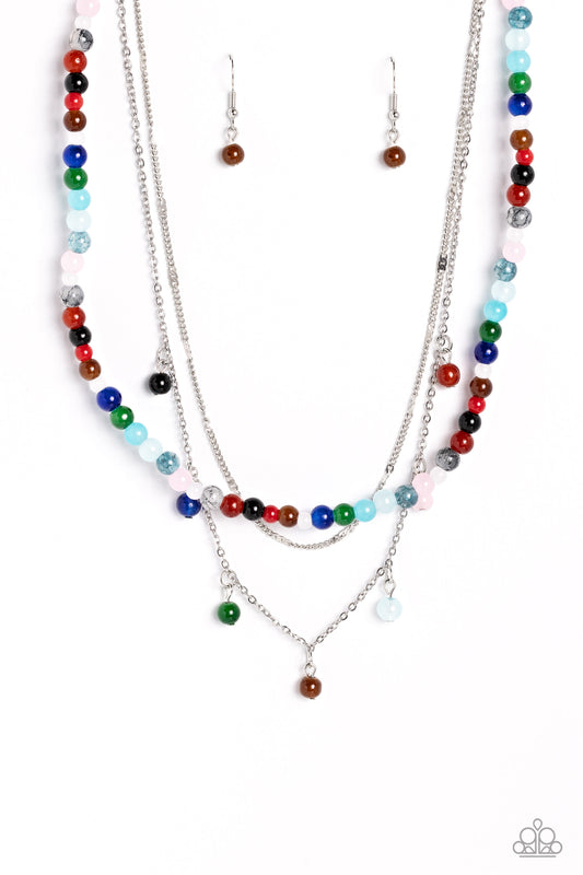 Paparazzi Accessories BEAD All About It - Multi A strand of multicolored stone beads is paired with two strands of classic silver chain, creating effortless layers along the neckline. One of the silver chains is dotted with sections of flattened silver ba