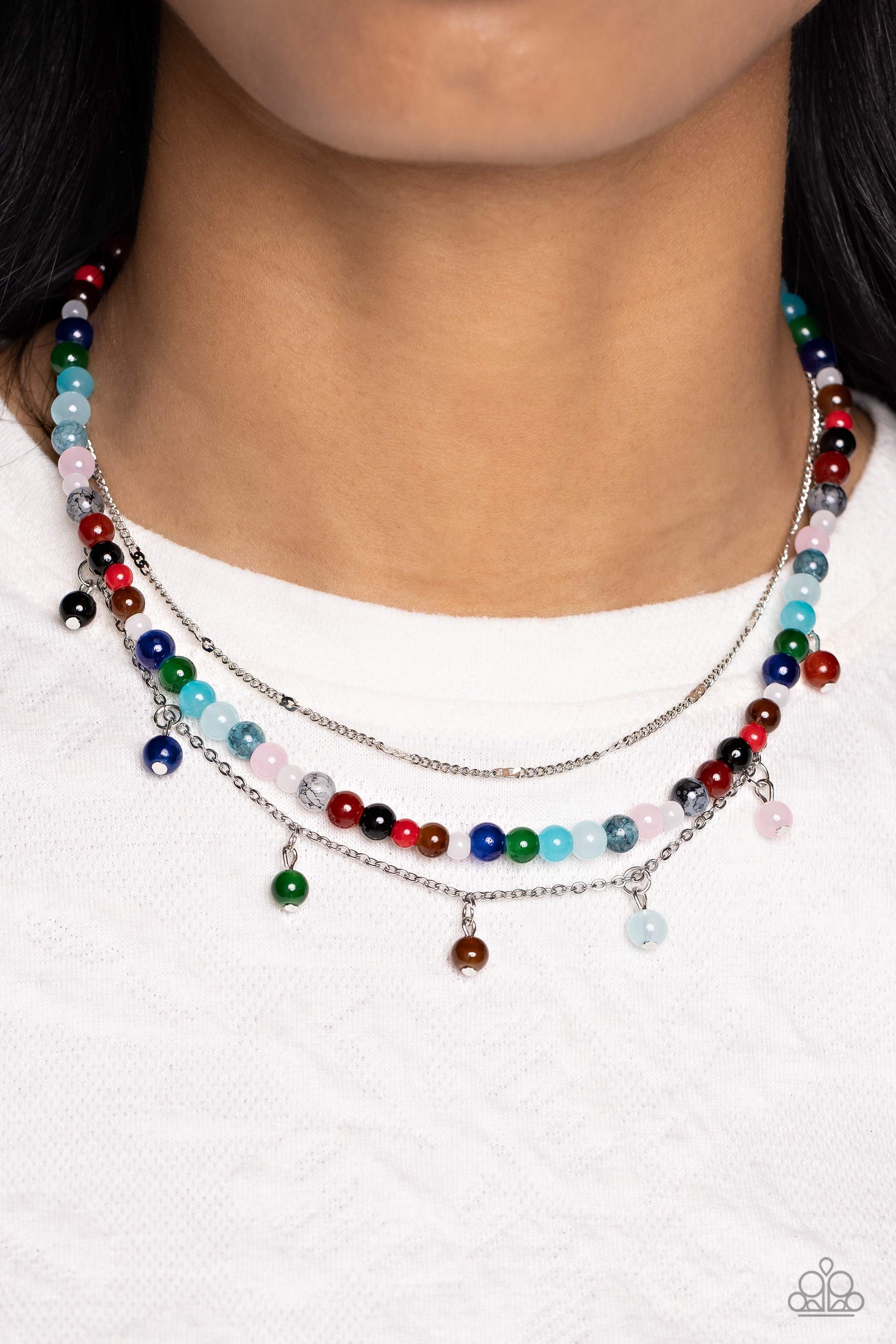 Paparazzi Accessories BEAD All About It - Multi A strand of multicolored stone beads is paired with two strands of classic silver chain, creating effortless layers along the neckline. One of the silver chains is dotted with sections of flattened silver ba