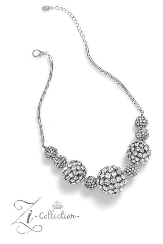 Paparazzi Accessories Undaunted - White Glittery, white rhinestones cluster together, creating dramatically oversized, airy, spheres that sparkle vivaciously. Smaller rhinestone-encrusted spheres dance between the exaggerated accents, resulting in a dynam