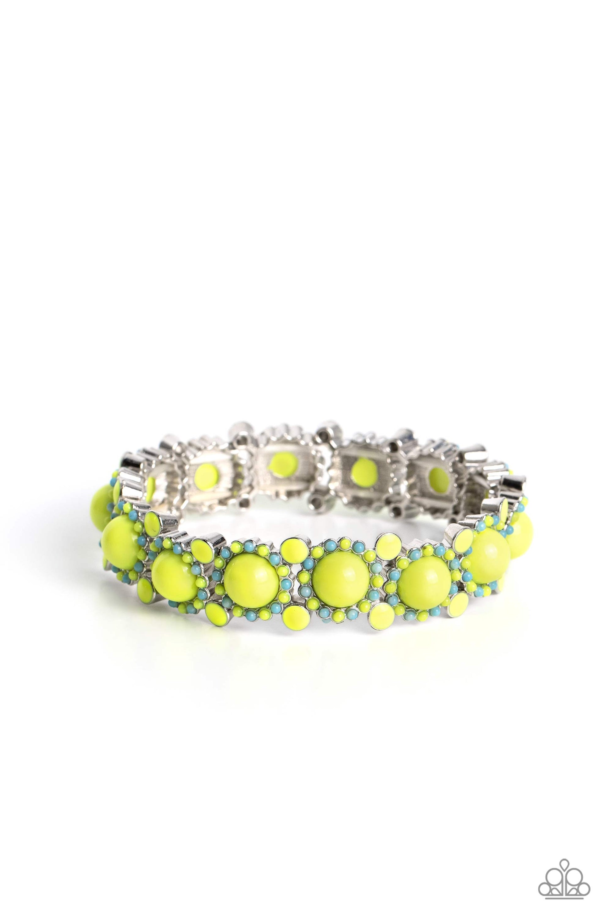 Paparazzi Accessories Pop Art Party - Green Dotted in glossy Love Bird beaded centers, turquoise and Love Bird beaded silver floral frames delicately link around the wrist on stretchy bands for a whimsical arrangement. Separating each floral display, addi