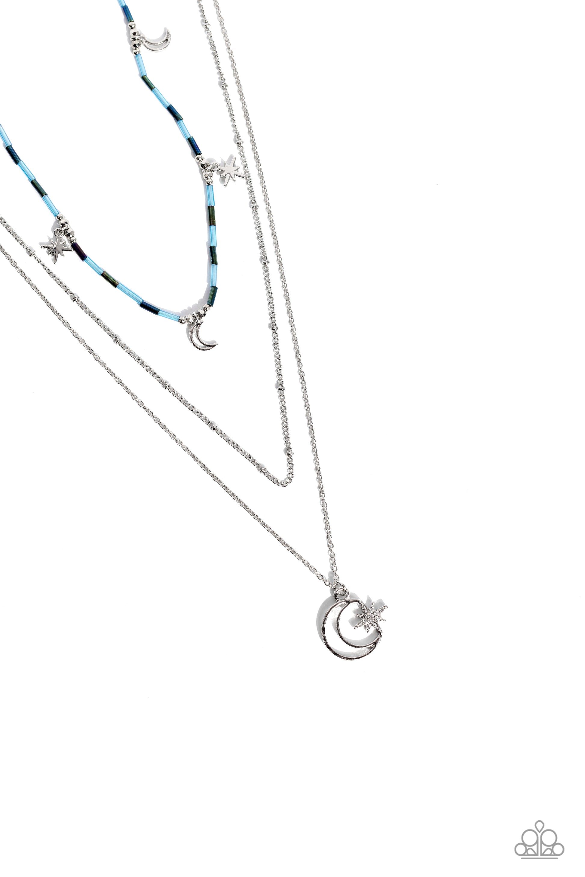 Paparazzi Accessories Constant as the Stars - Blue Three delicate chains cascade in various lengths across the chest, creating a radiantly layered display. Alternating between light blue and oil spill glass beads, a cosmic collection of silver stars and c