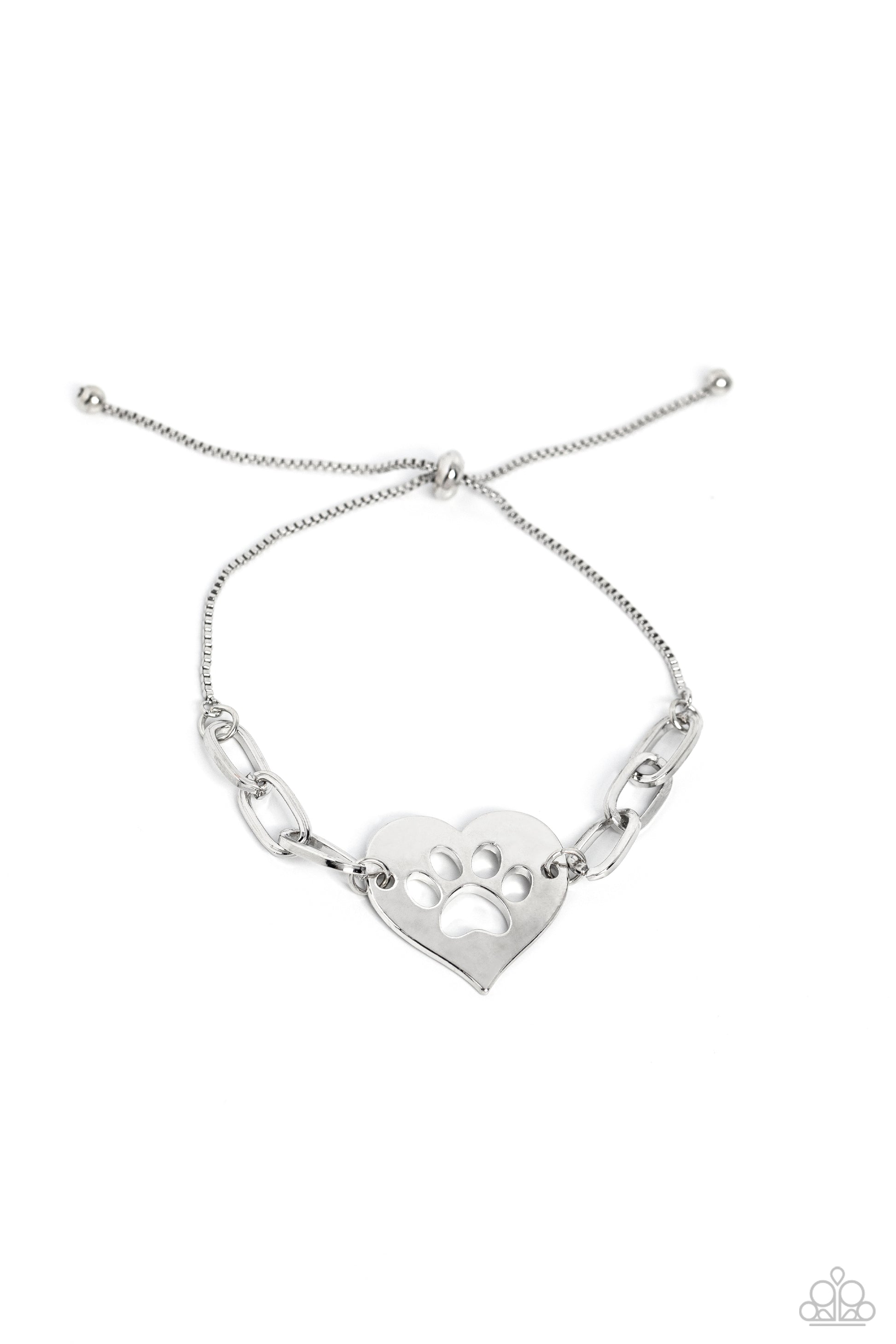 Paparazzi Accessories PAW-sitively Perfect - Silver Delicate silver box chain connects around the ends of a classic silver link chain for a versatile look. A large silver heart featuring a paw print cutout stands out at the center of the monochromatic dis