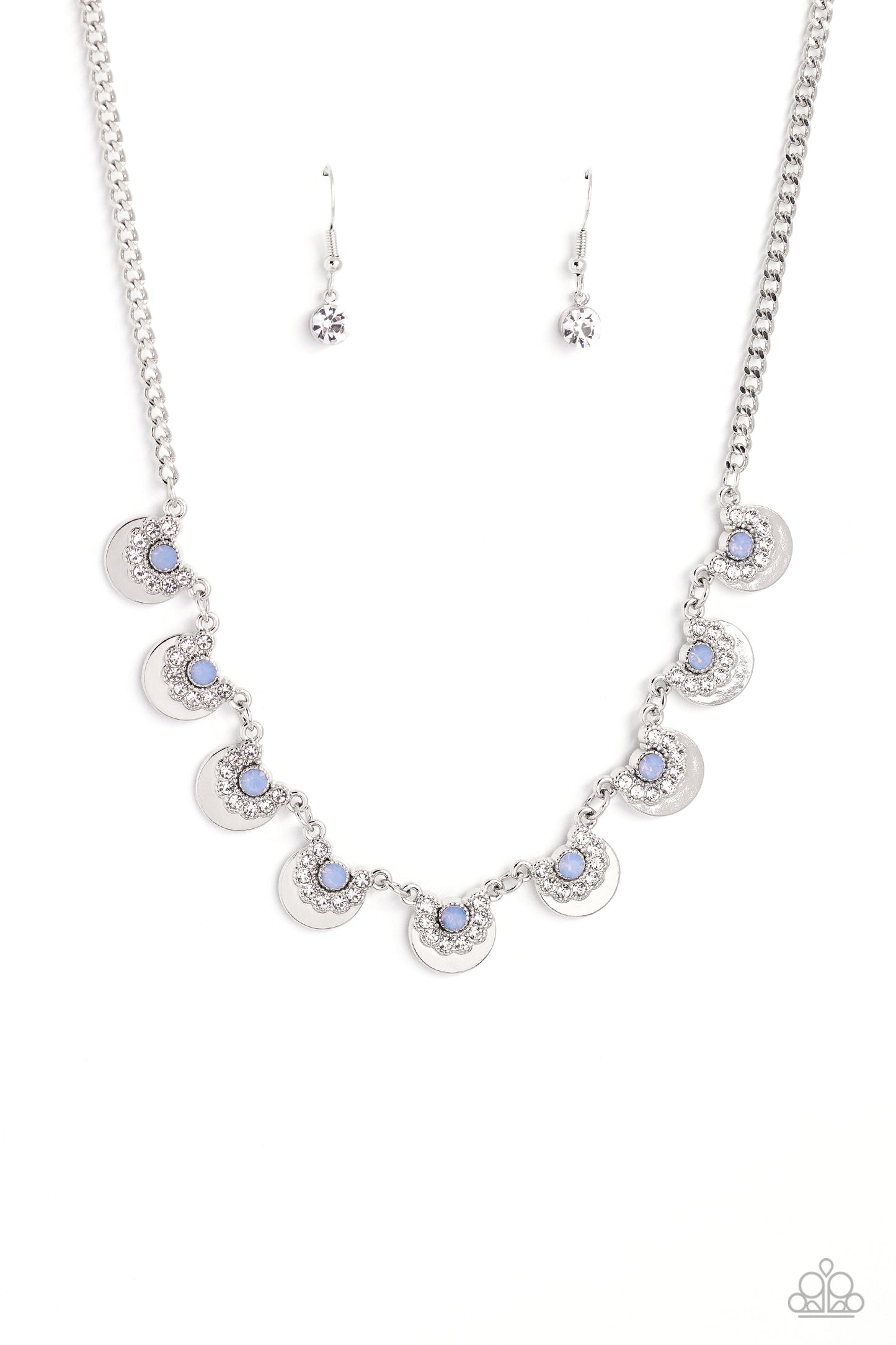 Paparazzi Accessories Grandiose Grace - Blue Featuring white rhinestone curls and silver studded details, dainty silver half-circle frames delicately link together and fan out around the collar for a whimsical fashion. Dainty blue opalescent beads are pre