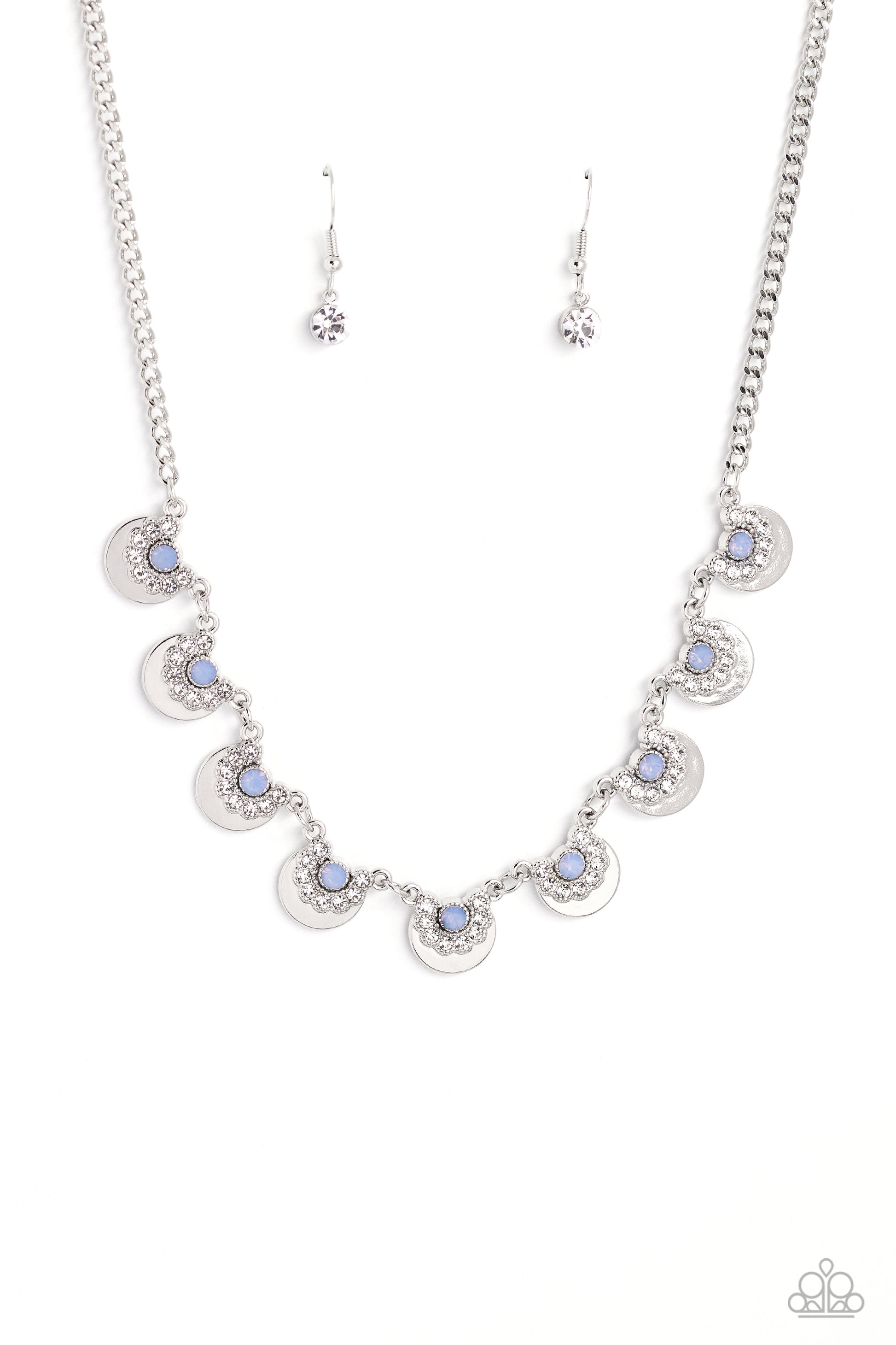 Paparazzi Accessories Grandiose Grace - Blue Featuring white rhinestone curls and silver studded details, dainty silver half-circle frames delicately link together and fan out around the collar for a whimsical fashion. Dainty blue opalescent beads are pre