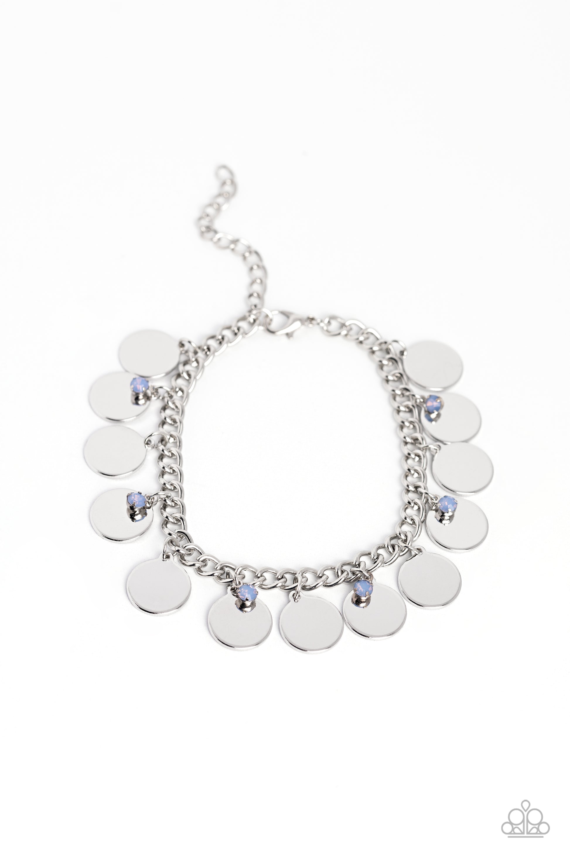 Paparazzi Accessories Dreamy Discs - Blue Dainty, opalescent blue beads dance along a silver chain alongside high-sheen silver discs for an understated girly design. Features an adjustable clasp closure. Sold as one individual bracelet. Get The Complete L
