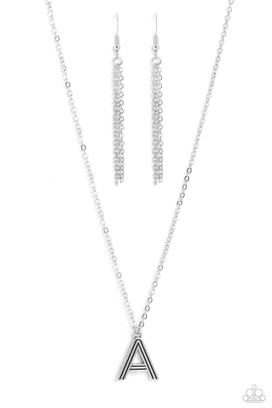 Paparazzi Accessories Leave Your Initials - Silver - A Etched in linear texture, a silver letter "A" hovers below the collar from a dainty silver chain, for a sentimentally simple design. Features an adjustable clasp closure. Sold as one individual neckla