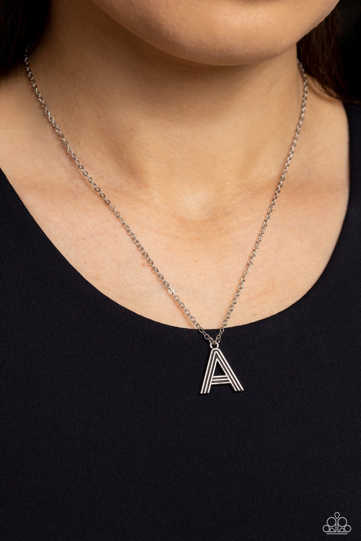 Paparazzi Accessories Leave Your Initials - Silver - A Etched in linear texture, a silver letter "A" hovers below the collar from a dainty silver chain, for a sentimentally simple design. Features an adjustable clasp closure. Sold as one individual neckla