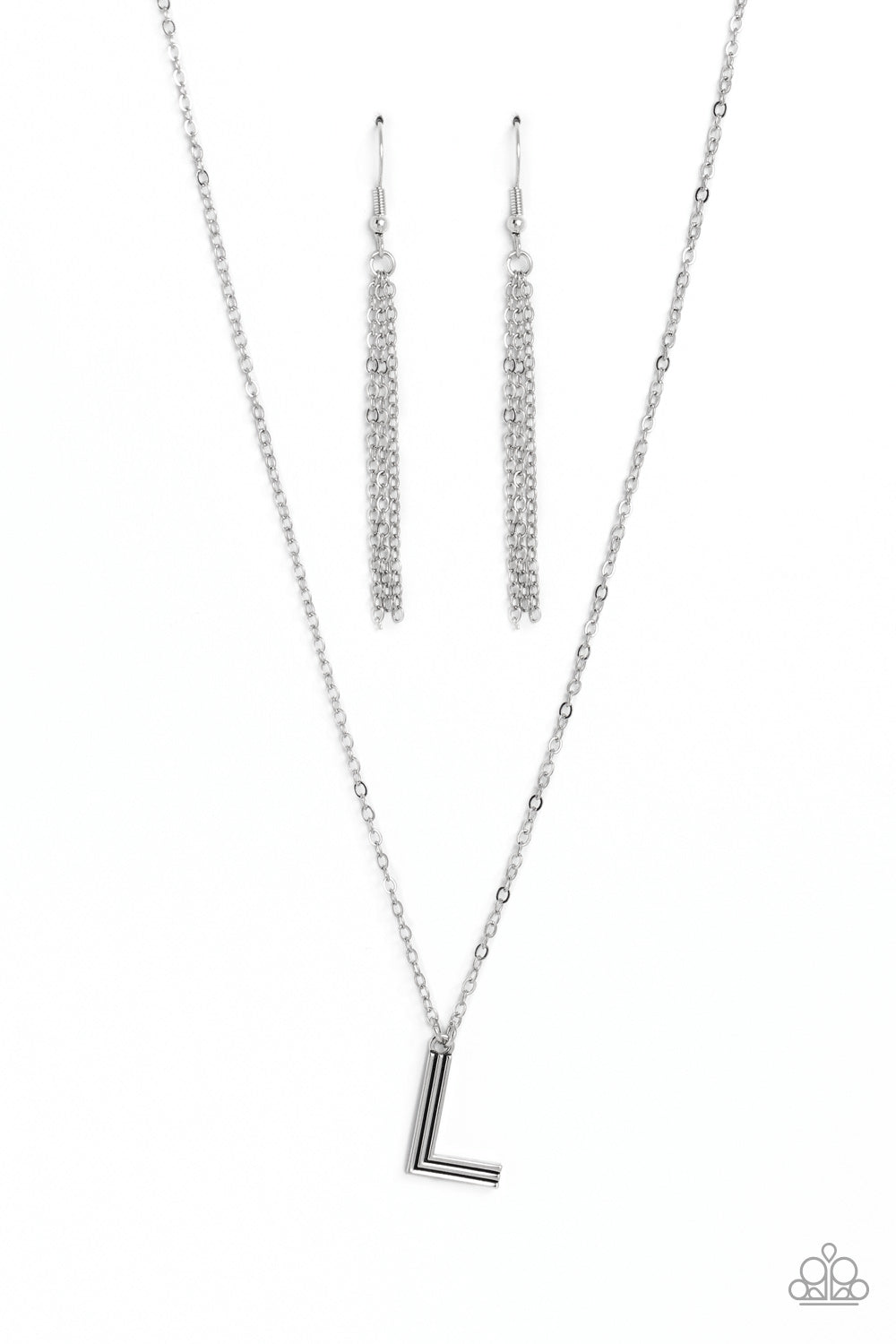 Paparazzi Accessories Leave Your Initials - Silver - L Etched in linear texture, a silver letter "L" glides down the neckline from a dainty silver chain, for a sentimentally simple design. Features an adjustable clasp closure. Sold as one individual neckl