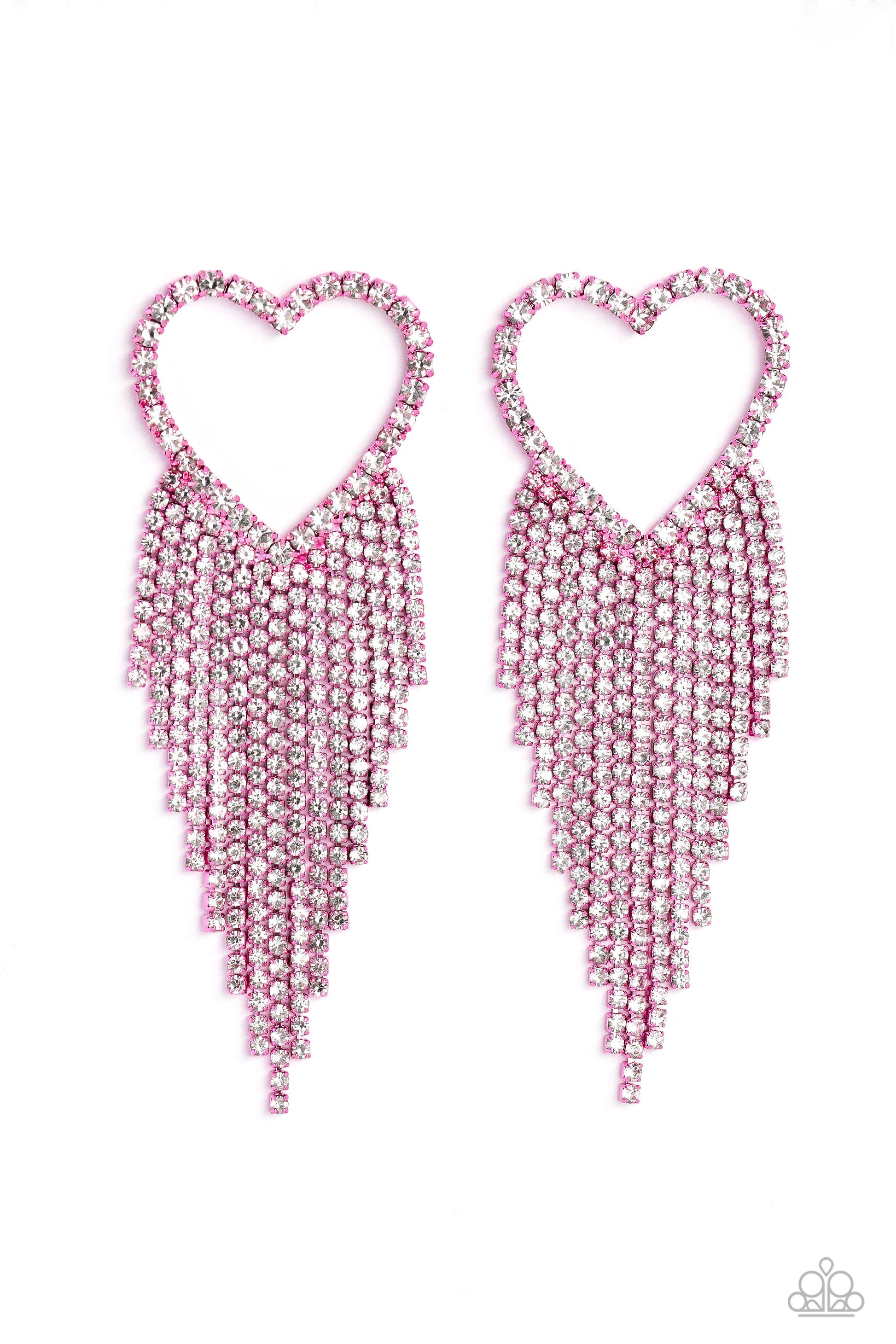 Paparazzi Accessories Sumptuous Sweethearts - Pink Glassy white rhinestones, encrusted along the front of a pink heart frame, create a flirty centerpiece. Staggered rows of white rhinestones pressed in delicate pink square fittings cascade from the sparkl