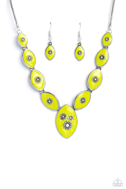 Paparazzi Accessories Pressed Flowers - Green Featuring vibrant Love Bird paint, a collection of silver marquise-shaped frames gradually increase in size as they taper below the collar in a timeless fashion on a silver snake chain. Each frame is embossed