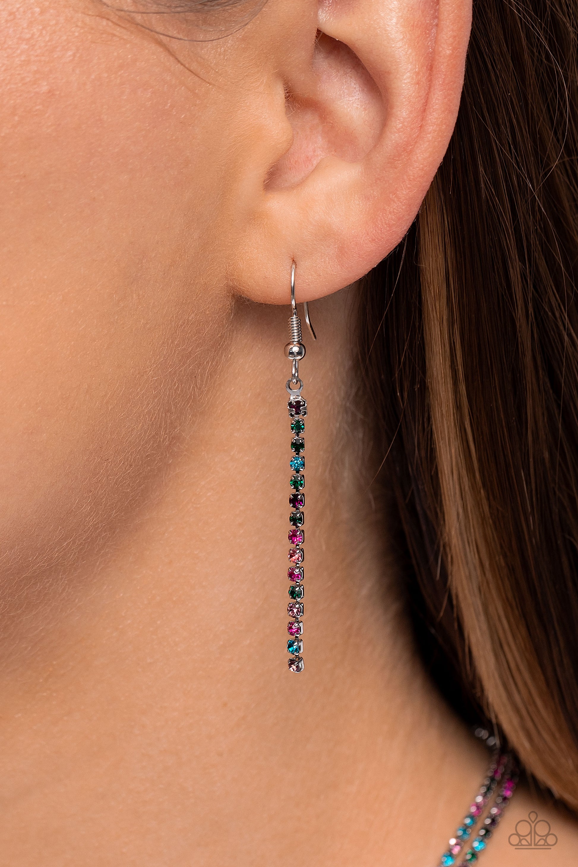 Paparazzi Accessories Jazz STRANDS - Multi Featuring sleek square fittings, two strands of glittery, dainty multicolored rhinestones connect down the chest for a refined centerpiece. The interconnected rows delicately give way to freefalling multicolored
