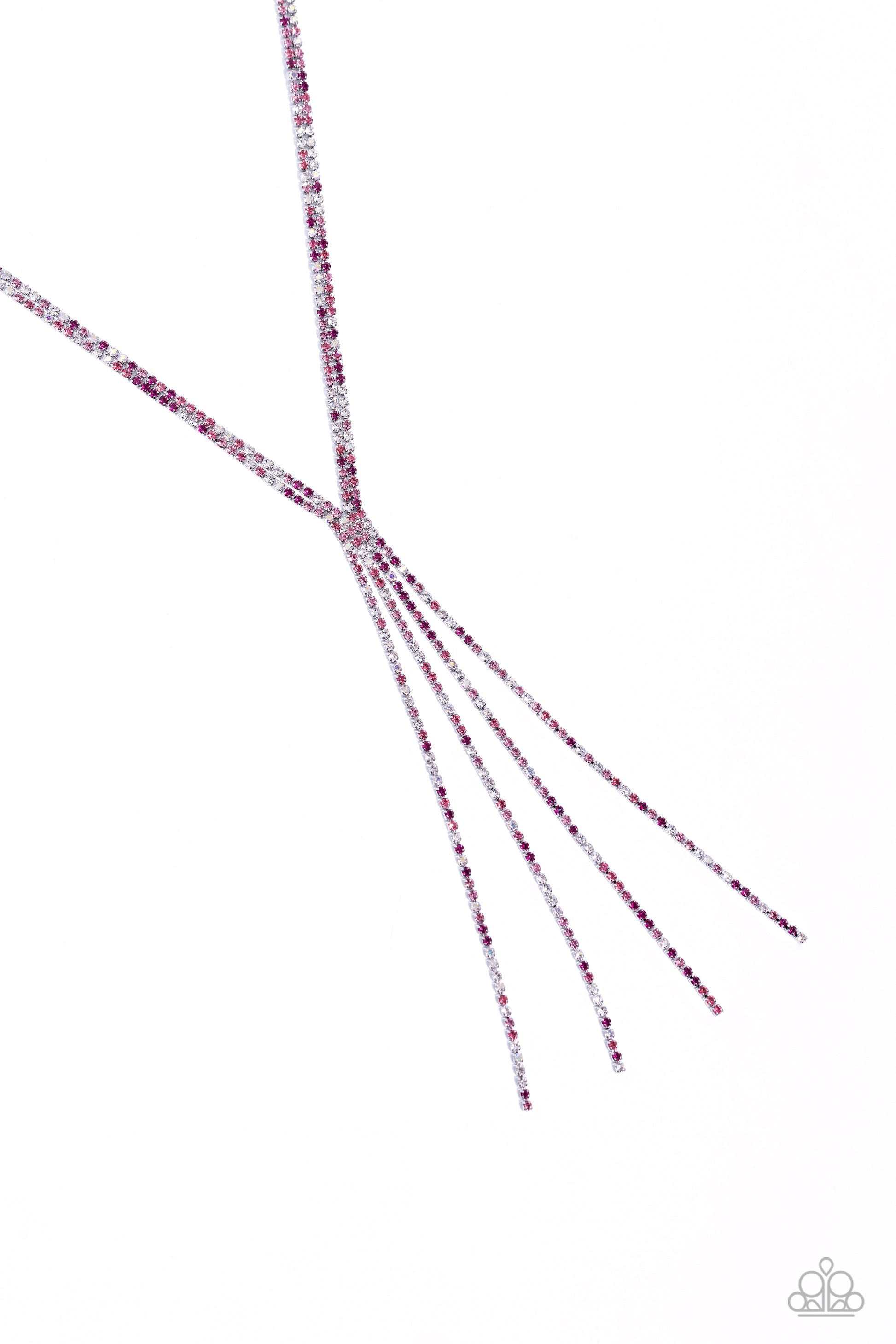 Paparazzi Accessories Jazz STRANDS - Pink Featuring sleek square fittings, two strands of glittery, dainty multicolored pink rhinestones connect down the chest for a refined centerpiece. The interconnected rows delicately give way to freefalling multicolo