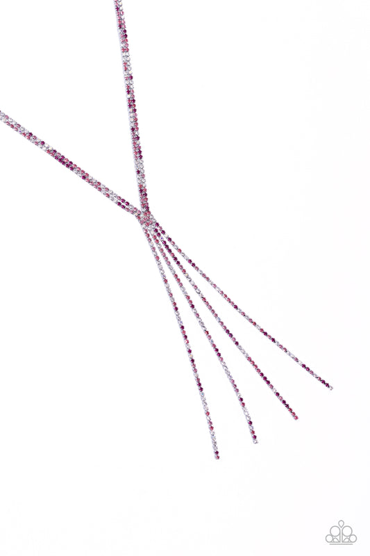 Paparazzi Accessories Jazz STRANDS - Pink Featuring sleek square fittings, two strands of glittery, dainty multicolored pink rhinestones connect down the chest for a refined centerpiece. The interconnected rows delicately give way to freefalling multicolo