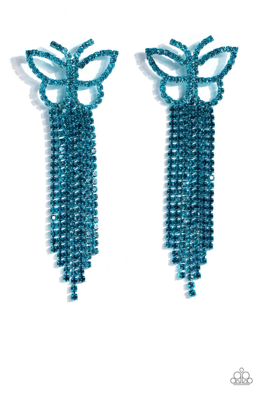 Paparazzi Accessories Billowing Butterflies - Blue Glassy blue rhinestones, encrusted along the front of a blue butterfly frame, create a whimsical centerpiece. Staggered rows of different blue rhinestones pressed in delicate blue square fittings cascade