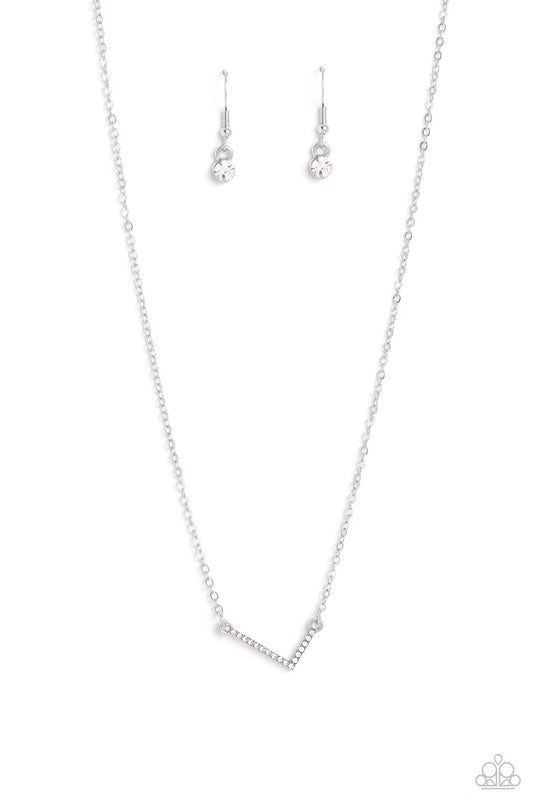 Paparazzi Accessories INITIALLY Yours - L - White Embossed with dainty white rhinestones, a silver letter "L" hovers below the collar from a dainty silver chain, for a sentimentally simple design. Features an adjustable clasp closure. Sold as one individu