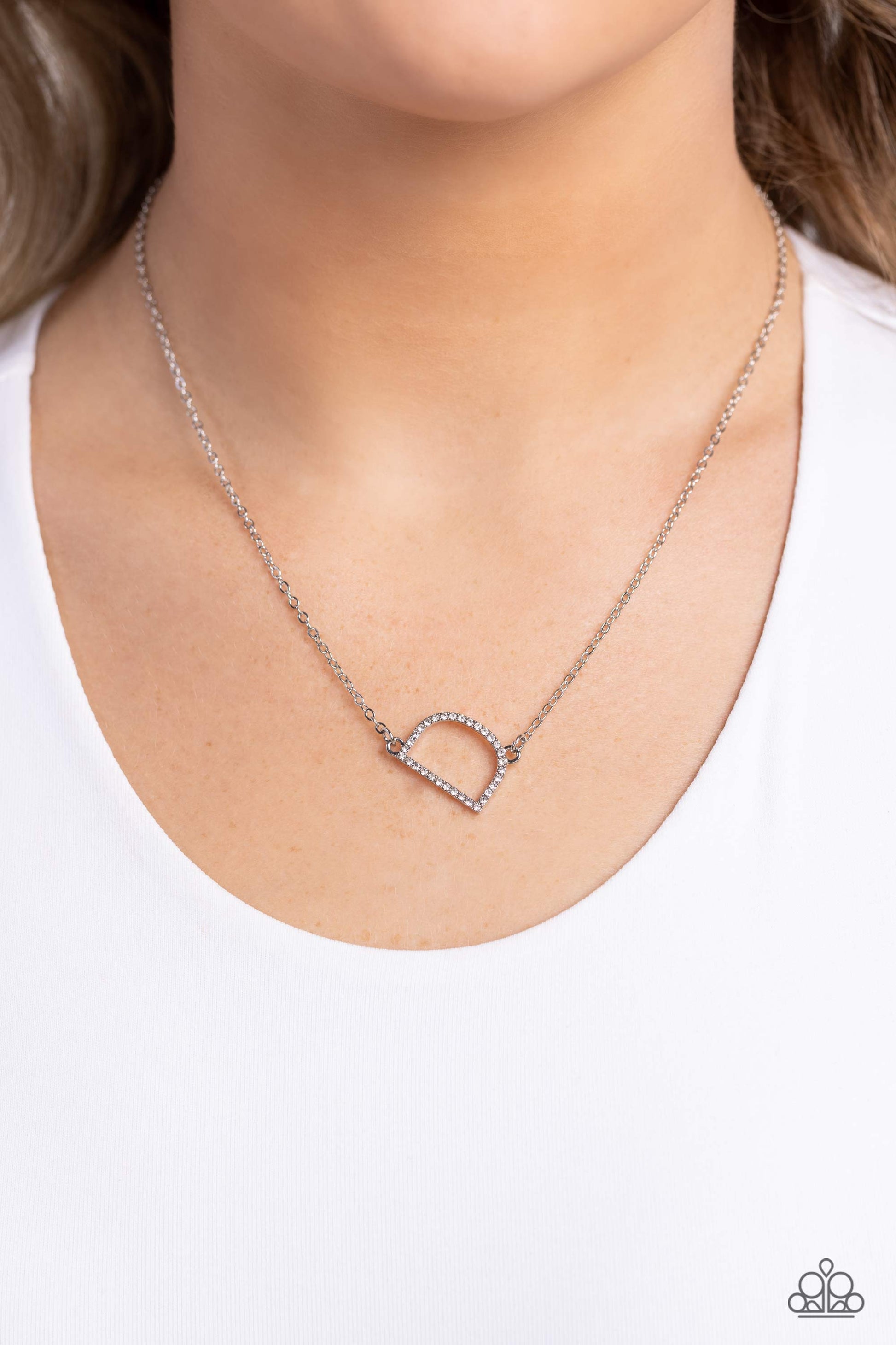 Paparazzi Accessories INITIALLY Yours - D - White Embossed with dainty white rhinestones, a silver letter "D" hovers below the collar from a dainty silver chain, for a sentimentally simple design. Features an adjustable clasp closure. Sold as one individu