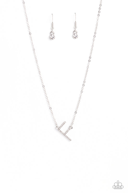 Paparazzi Accessories INITIALLY Yours - F - White Embossed with dainty white rhinestones, a silver letter "F" hovers below the collar from a dainty silver chain, for a sentimentally simple design. Features an adjustable clasp closure. Sold as one individu