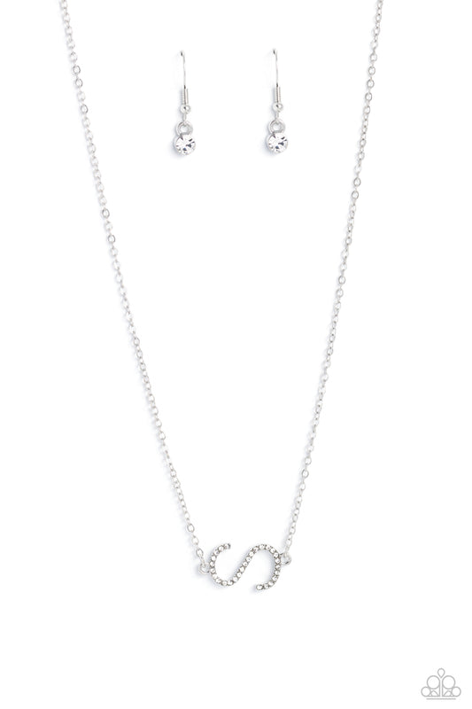 Paparazzi Accessories INITIALLY Yours - S - White Embossed with dainty white rhinestones, a silver letter "S" hovers below the collar from a dainty silver chain, for a sentimentally simple design. Features an adjustable clasp closure. Sold as one individu