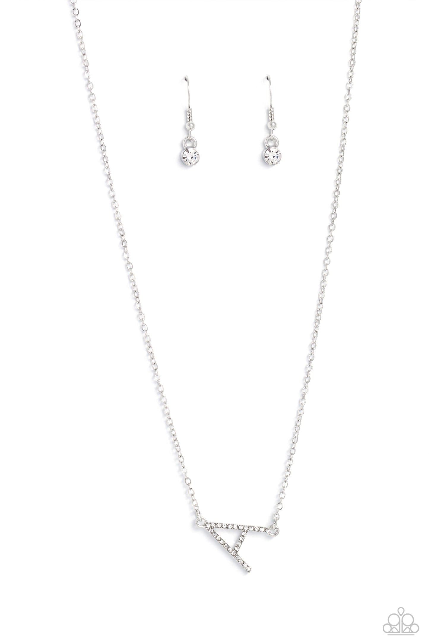 Paparazzi Accessories INITIALLY Yours - A - White Embossed with dainty white rhinestones, a silver letter "A" hovers below the collar from a dainty silver chain, for a sentimentally simple design. Features an adjustable clasp closure. Sold as one individu