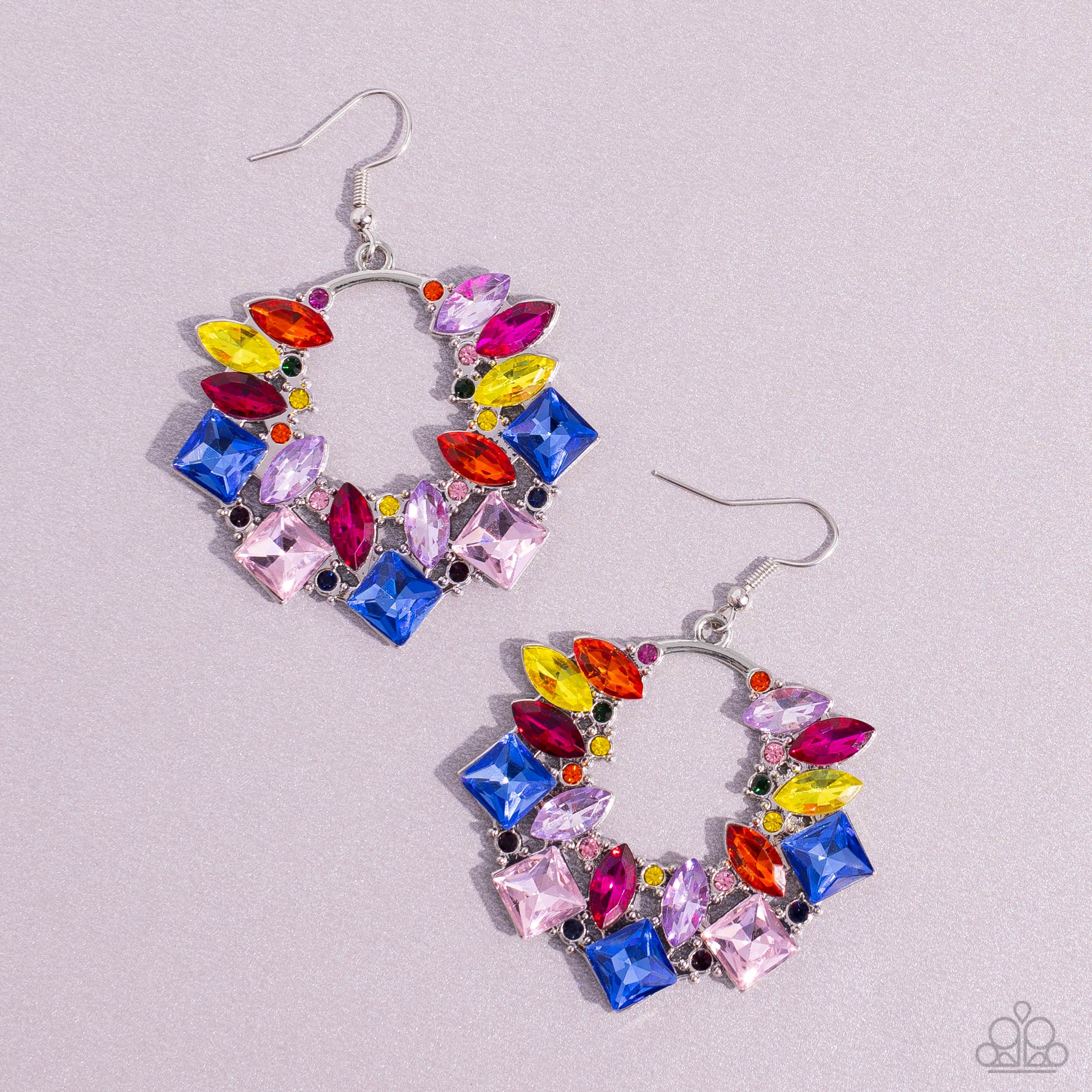 Paparazzi Accessories Wreathed in Watercolors - Multi A glassy collection of various multicolored rhinestones explodes across the front of a silver wreath, resulting in a geometric, jaw-dropping dazzle. Earring attaches to a standard fishhook fitting. Sol