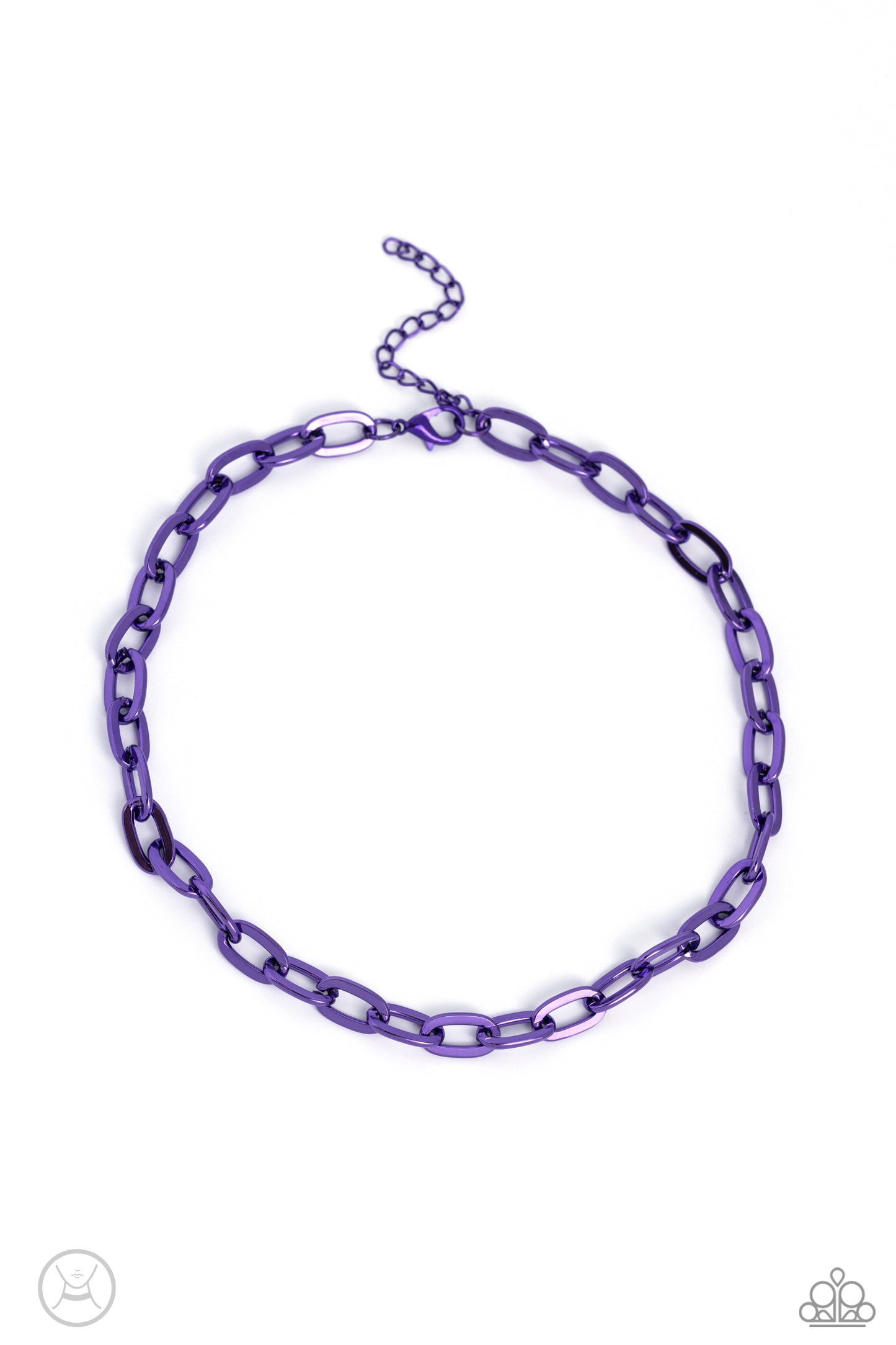 Paparazzi Accessories Exuberant Encore - Purple Oversized electric purple links connect below the collar for a bold urban look. Features an adjustable clasp closure. Sold as one individual choker necklace. Includes one pair of matching earrings. Get The C